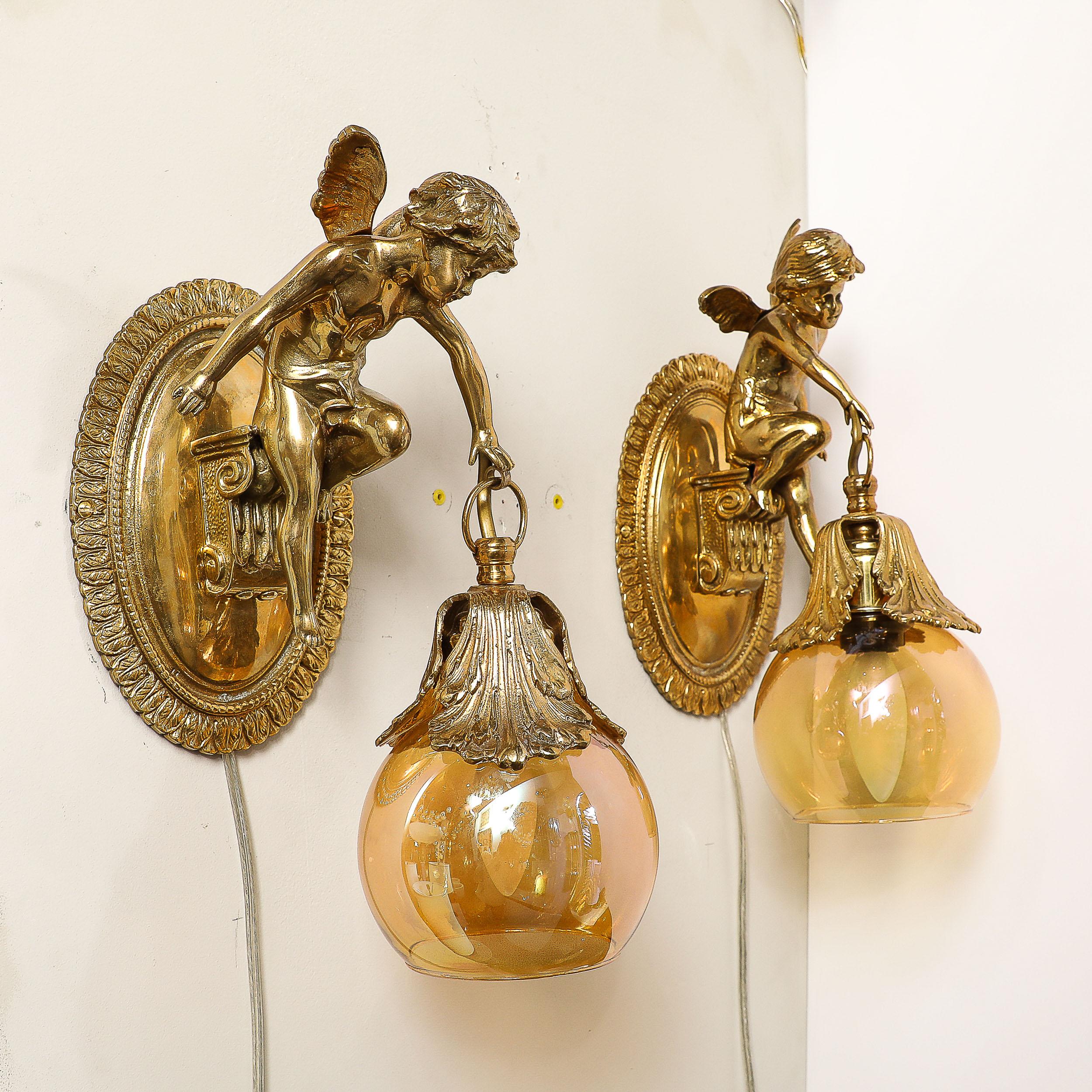 Pair of Neoclassical Cherub Sconces in Antique Brass w/ Smoked Amber Shades For Sale 5