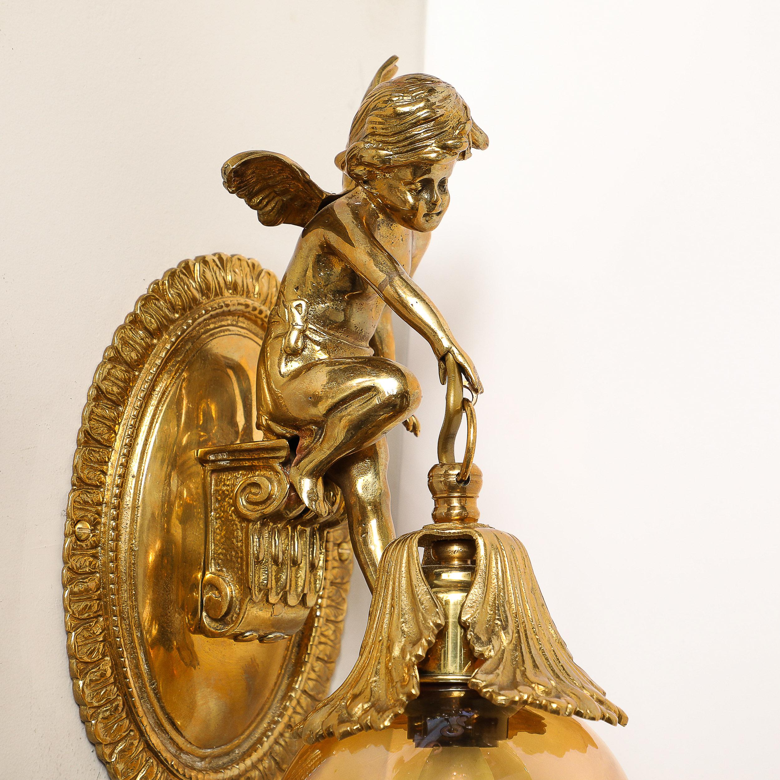 Pair of Neoclassical Cherub Sconces in Antique Brass w/ Smoked Amber Shades For Sale 6