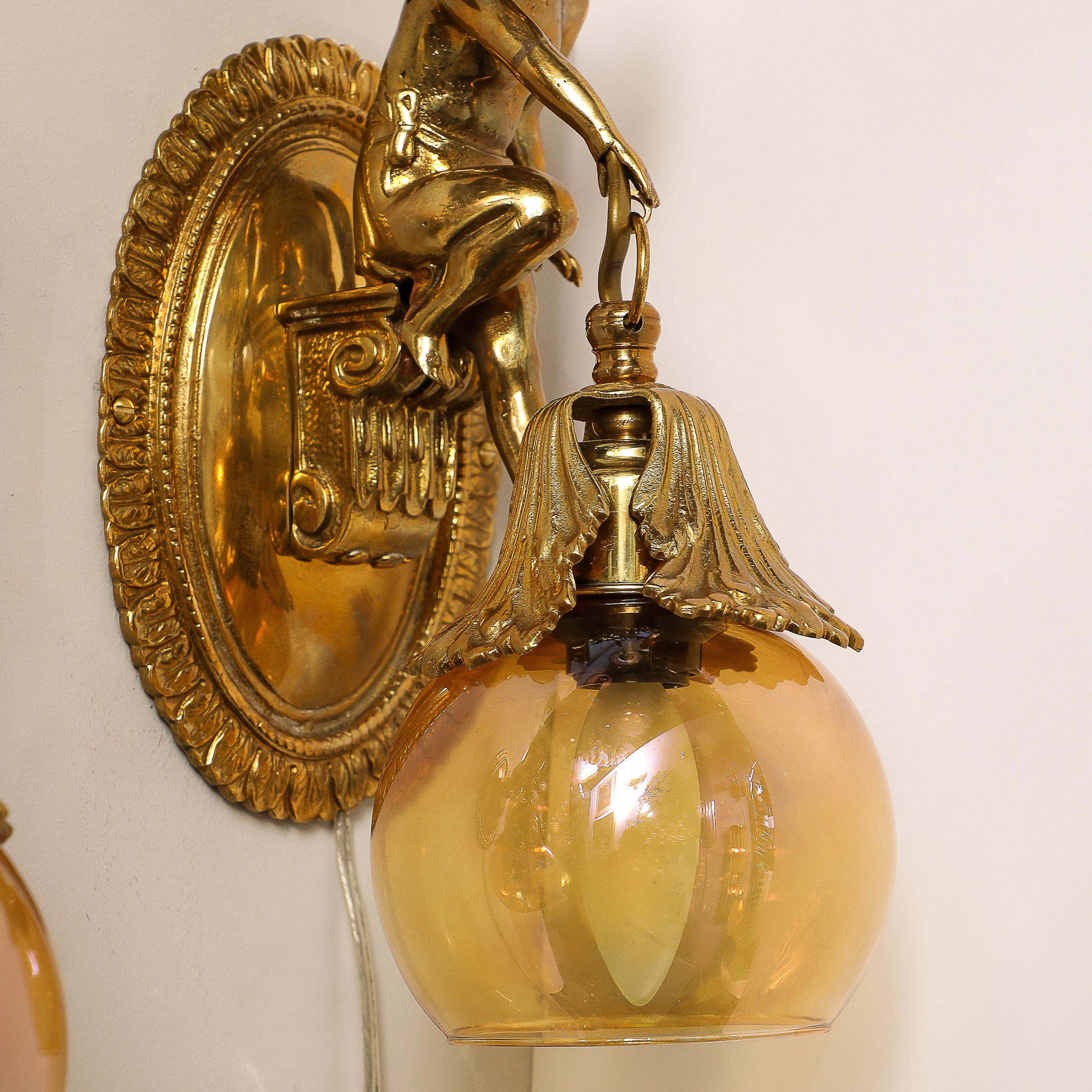 Pair of Neoclassical Cherub Sconces in Antique Brass w/ Smoked Amber Shades For Sale 7