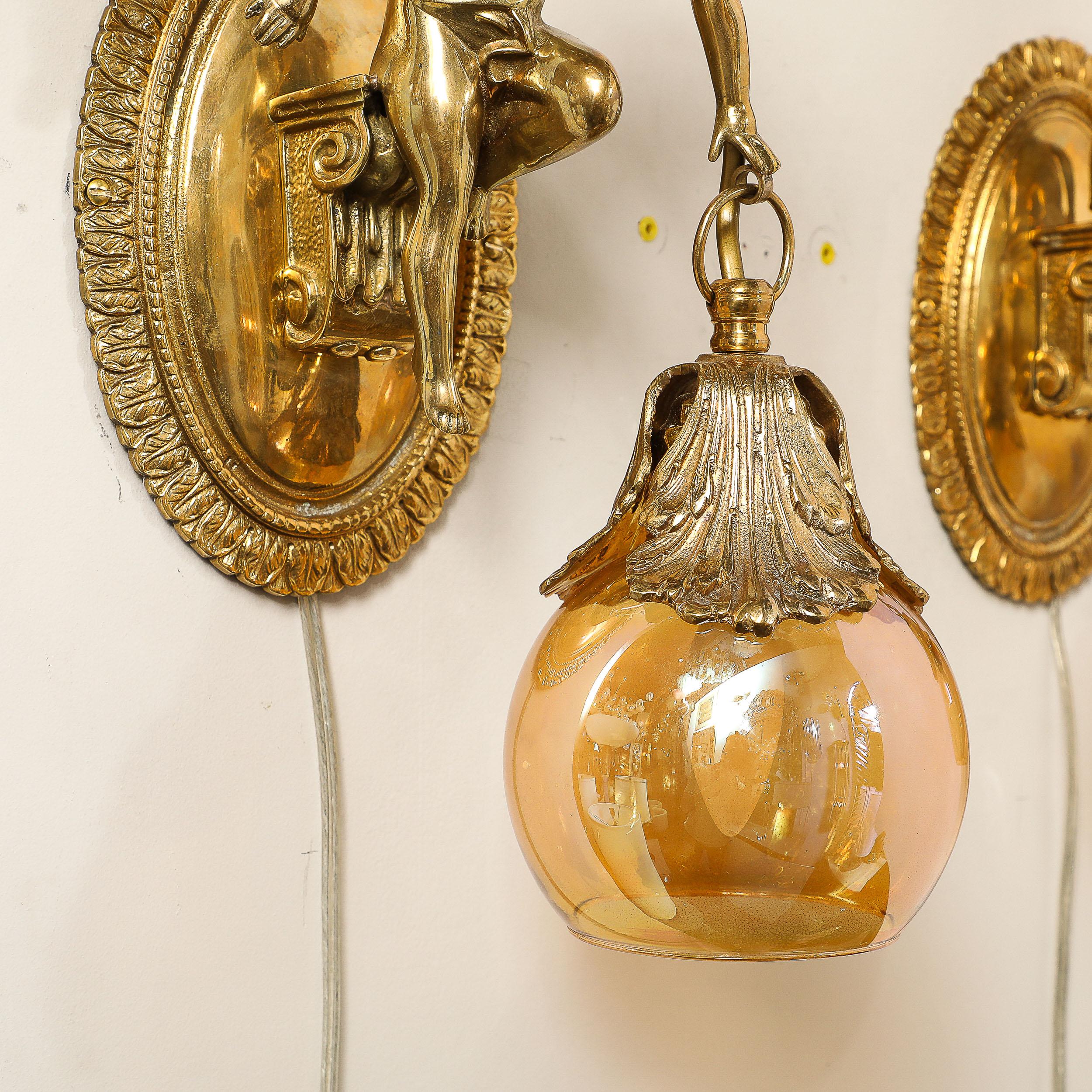 Pair of Neoclassical Cherub Sconces in Antique Brass w/ Smoked Amber Shades For Sale 8