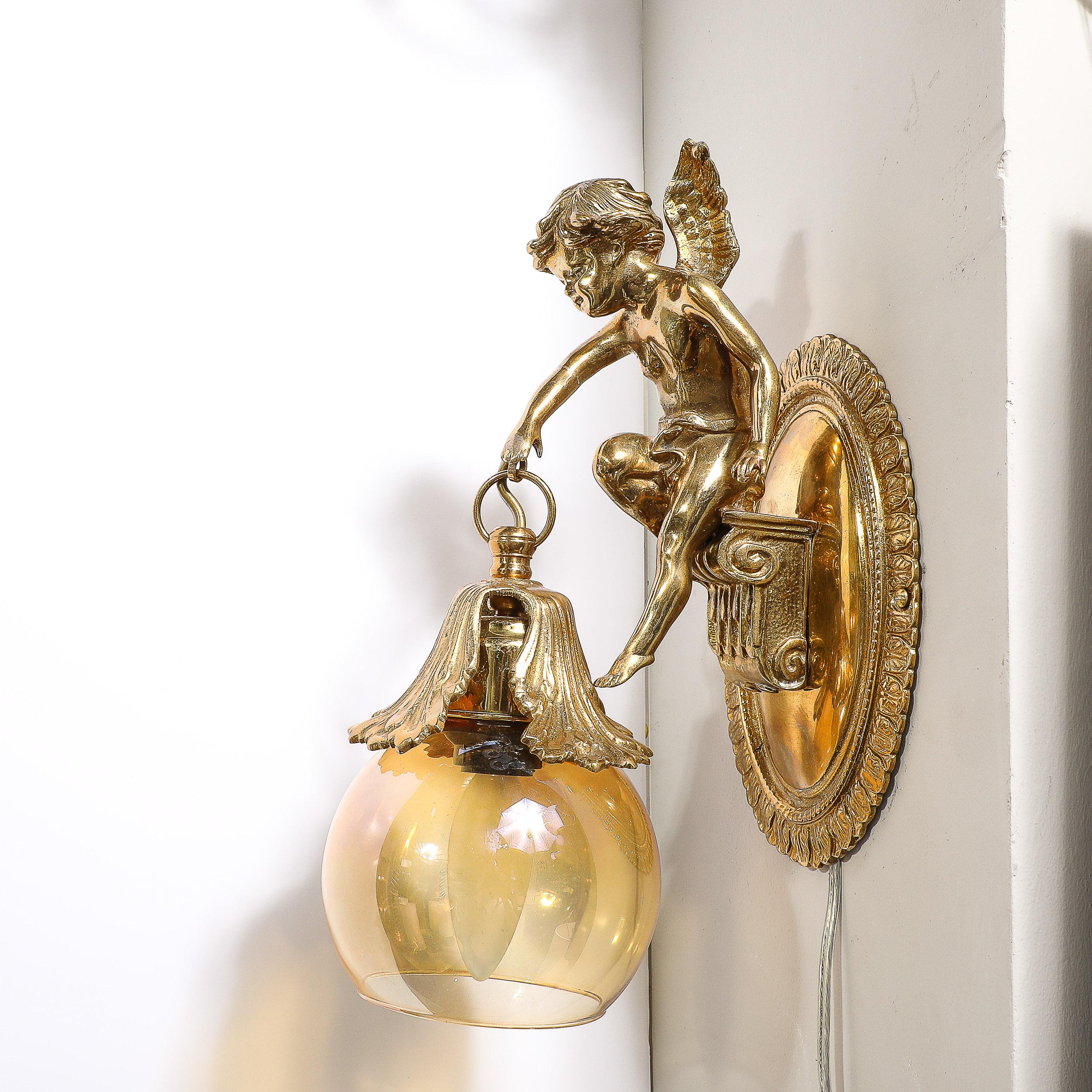Pair of Neoclassical Cherub Sconces in Antique Brass w/ Smoked Amber Shades For Sale 9