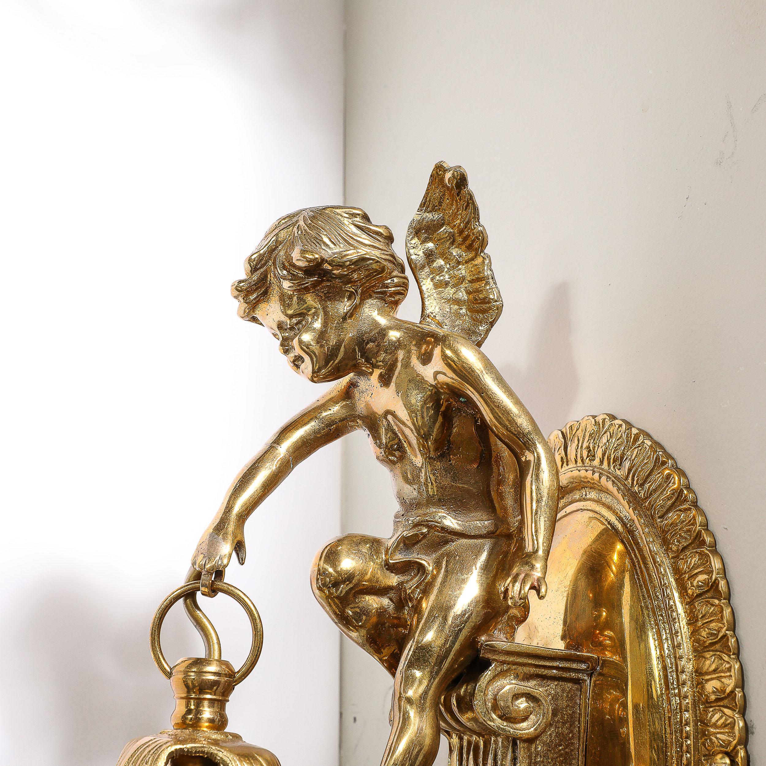 Pair of Neoclassical Cherub Sconces in Antique Brass w/ Smoked Amber Shades For Sale 10