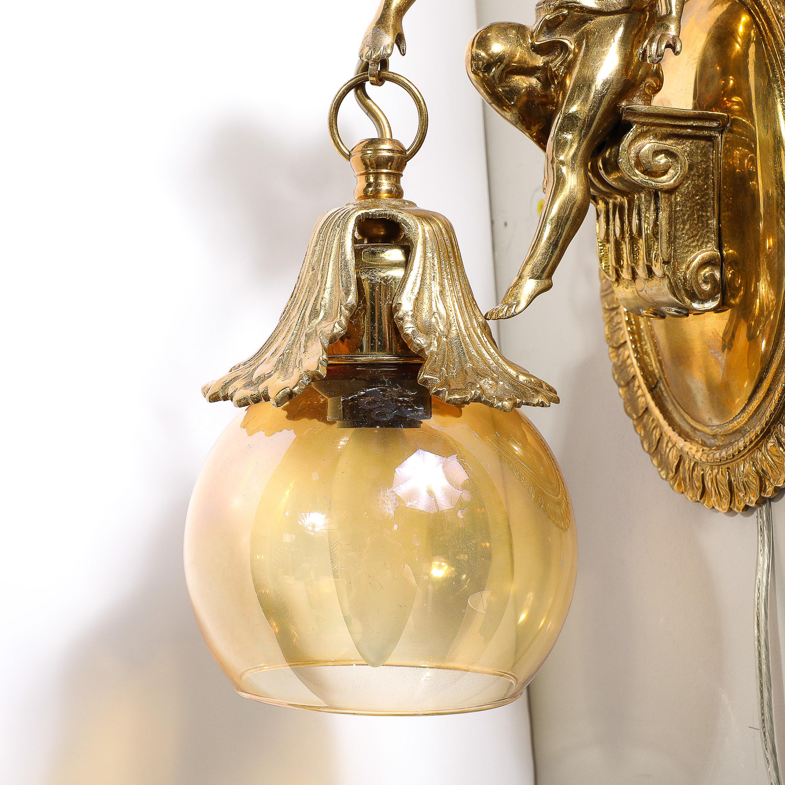 Pair of Neoclassical Cherub Sconces in Antique Brass w/ Smoked Amber Shades For Sale 11