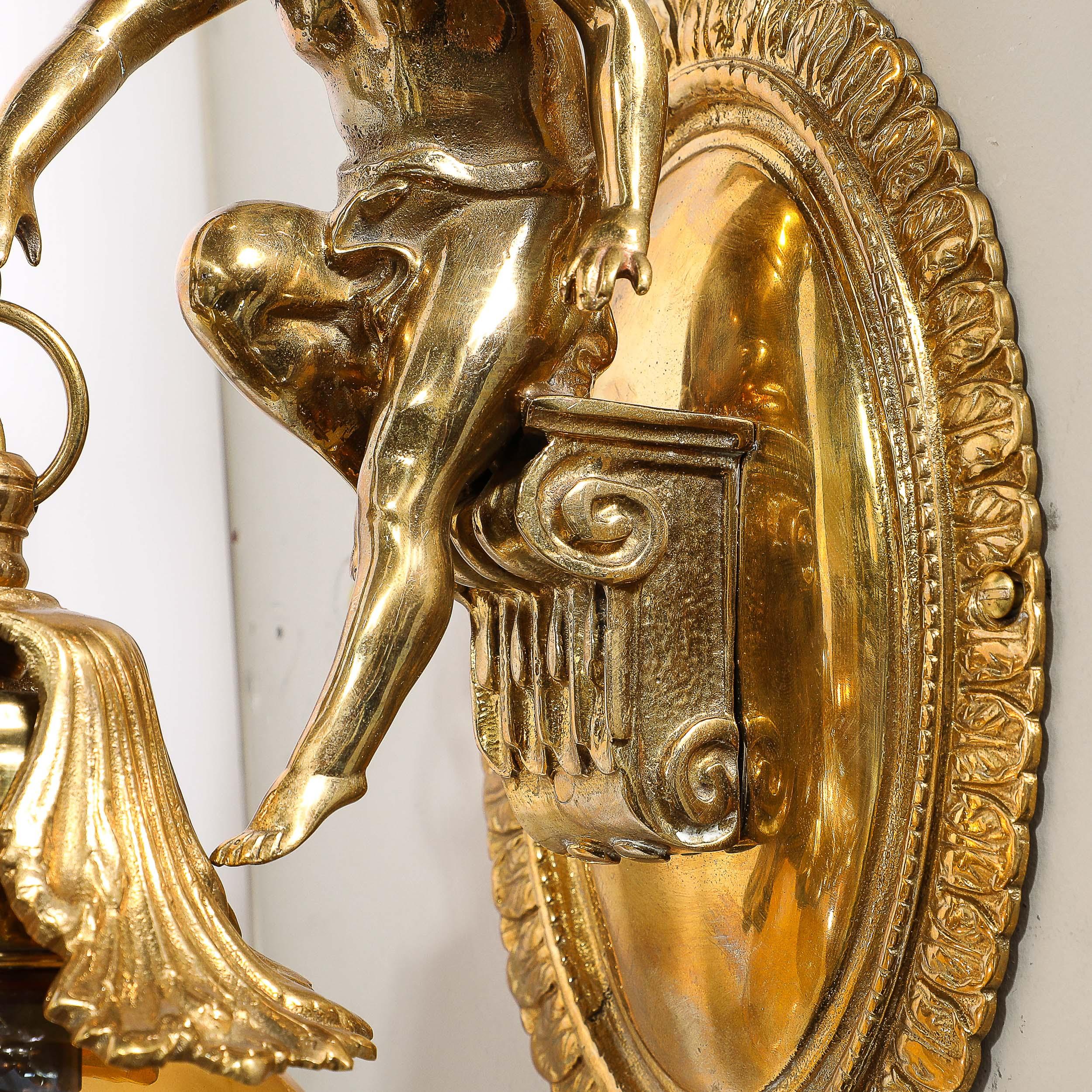 Pair of Neoclassical Cherub Sconces in Antique Brass w/ Smoked Amber Shades For Sale 12