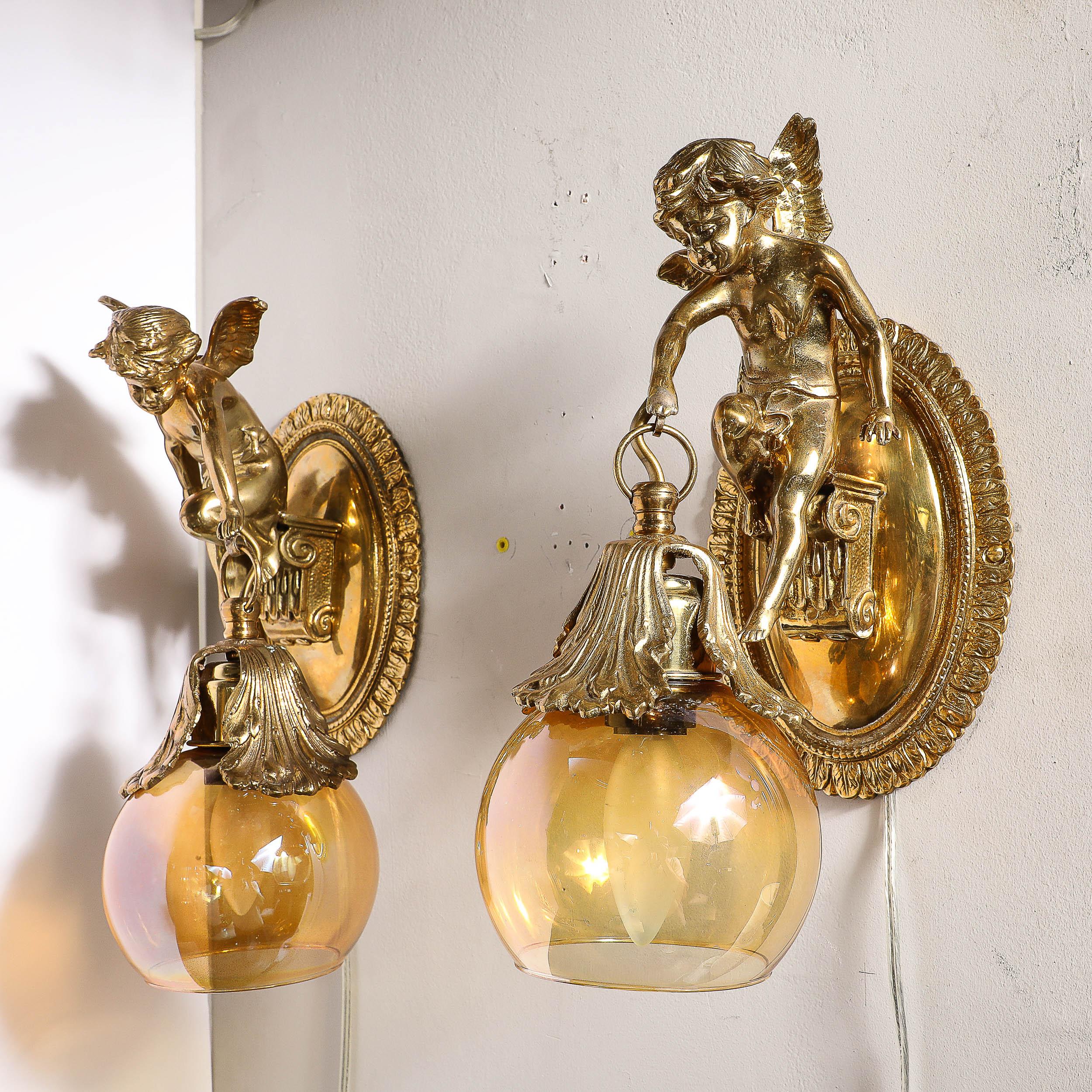 Pair of Neoclassical Cherub Sconces in Antique Brass w/ Smoked Amber Shades For Sale 13