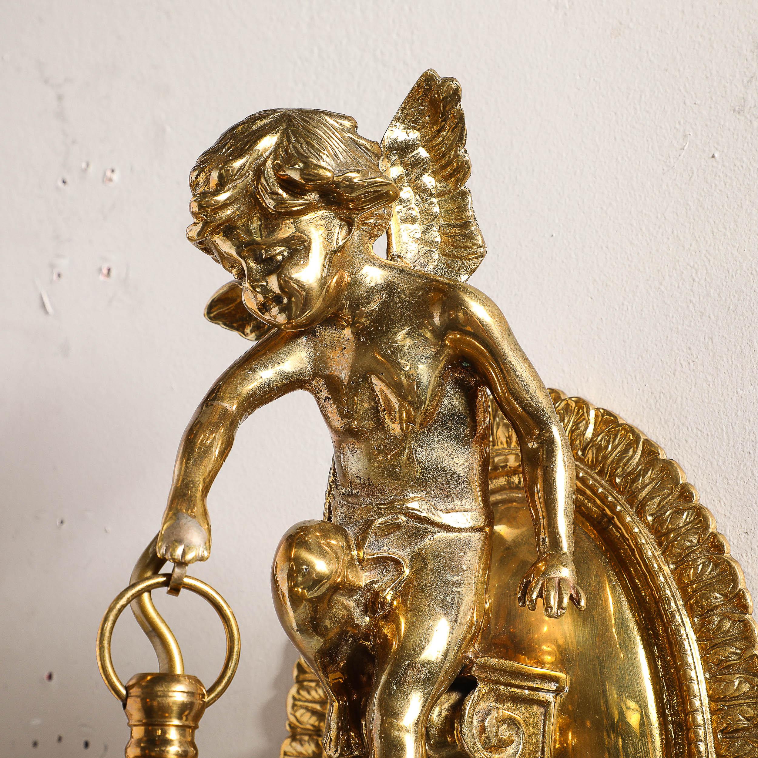 Pair of Neoclassical Cherub Sconces in Antique Brass w/ Smoked Amber Shades For Sale 14