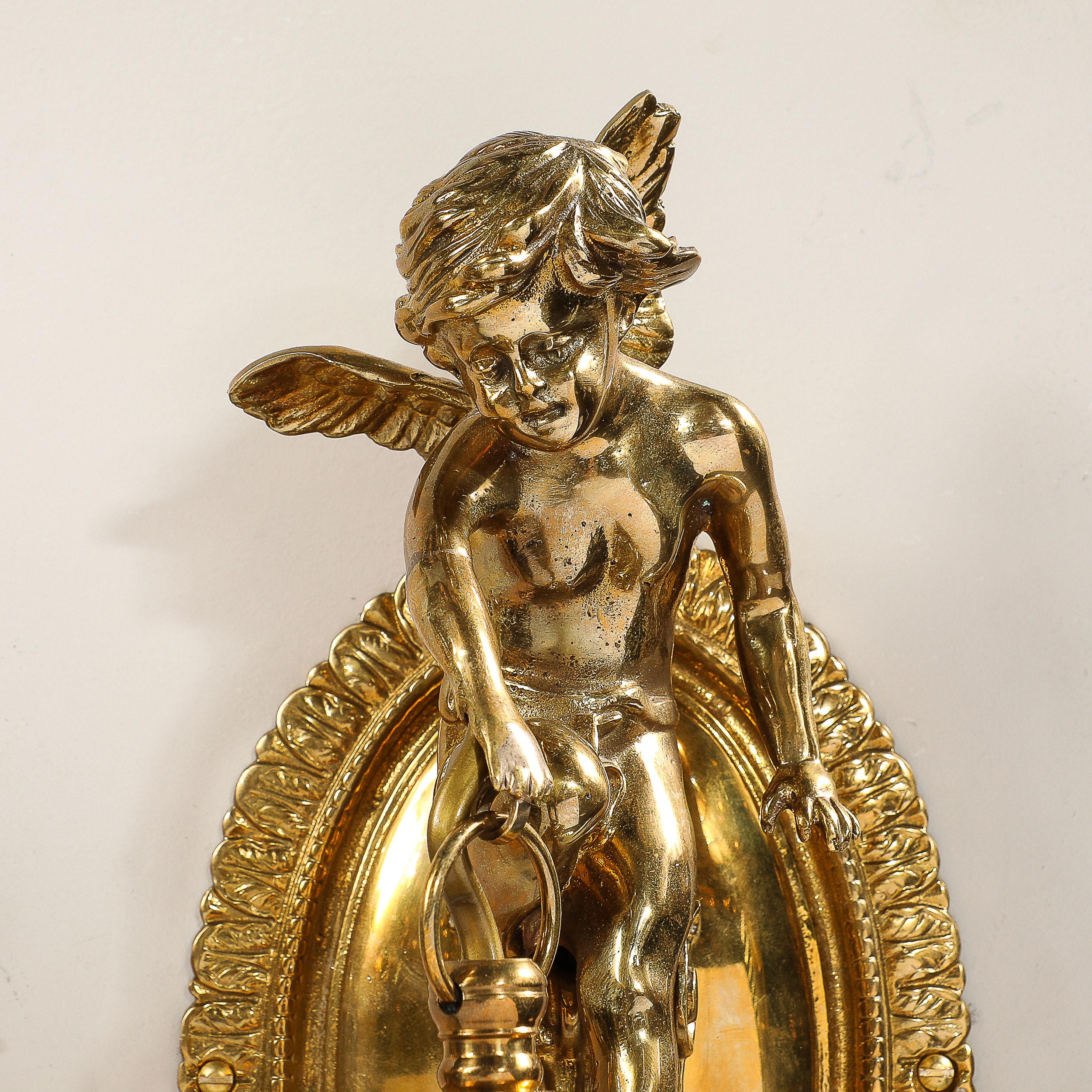 Czech Pair of Neoclassical Cherub Sconces in Antique Brass w/ Smoked Amber Shades For Sale