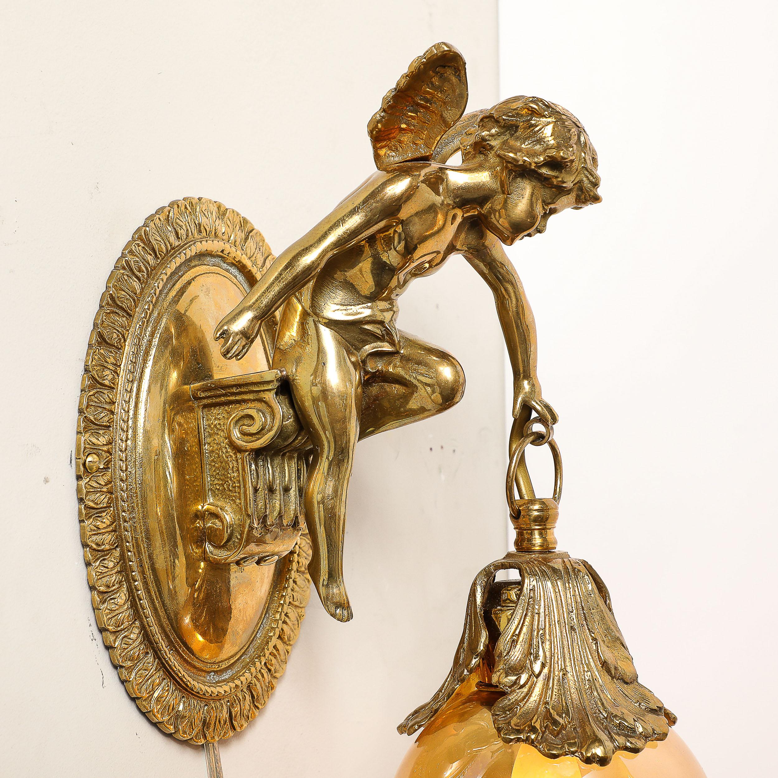 Pair of Neoclassical Cherub Sconces in Antique Brass w/ Smoked Amber Shades For Sale 3