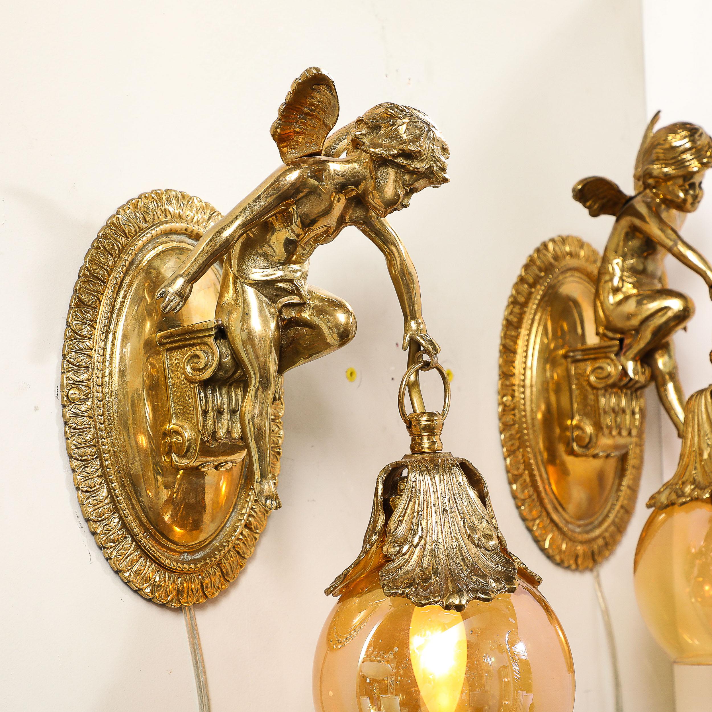 Pair of Neoclassical Cherub Sconces in Antique Brass w/ Smoked Amber Shades For Sale 4