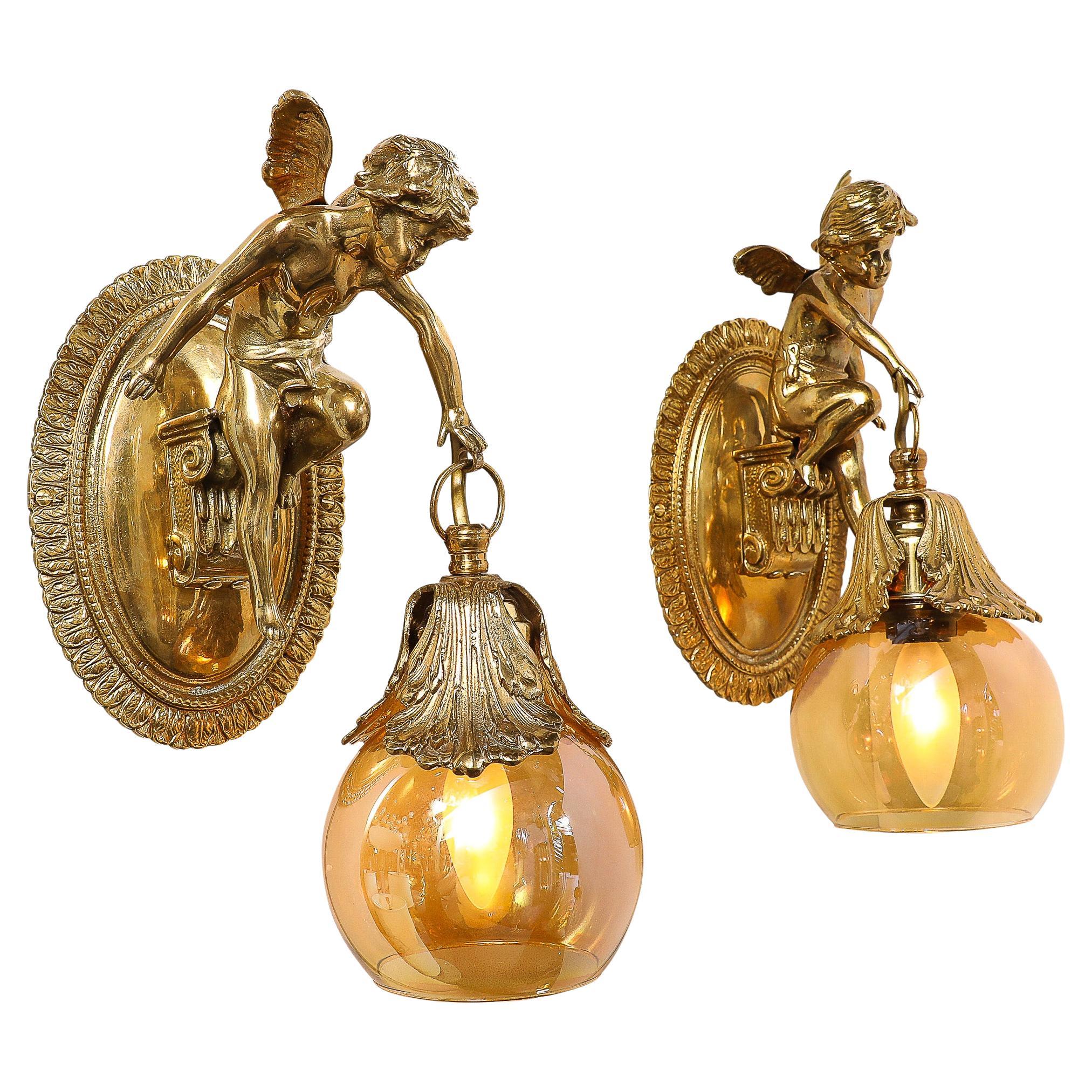 Pair of Neoclassical Cherub Sconces in Antique Brass w/ Smoked Amber Shades For Sale