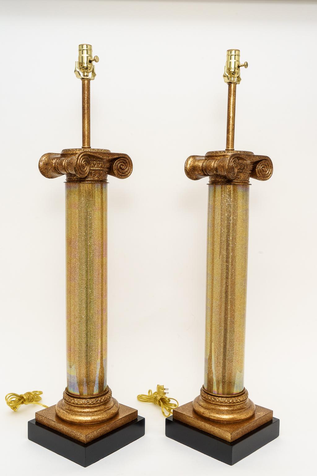 Large scale Murano neoclassical Hollywood Regency golden finish tall column lamps - a pair - from a palm beach estate.