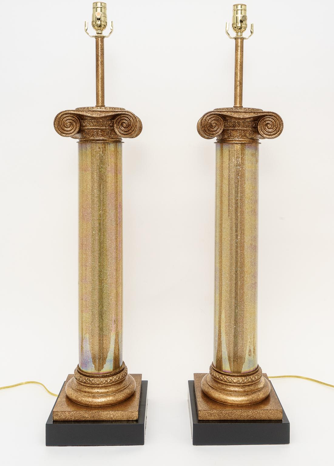 Patinated Pair of Neoclassical Column Lamps For Sale