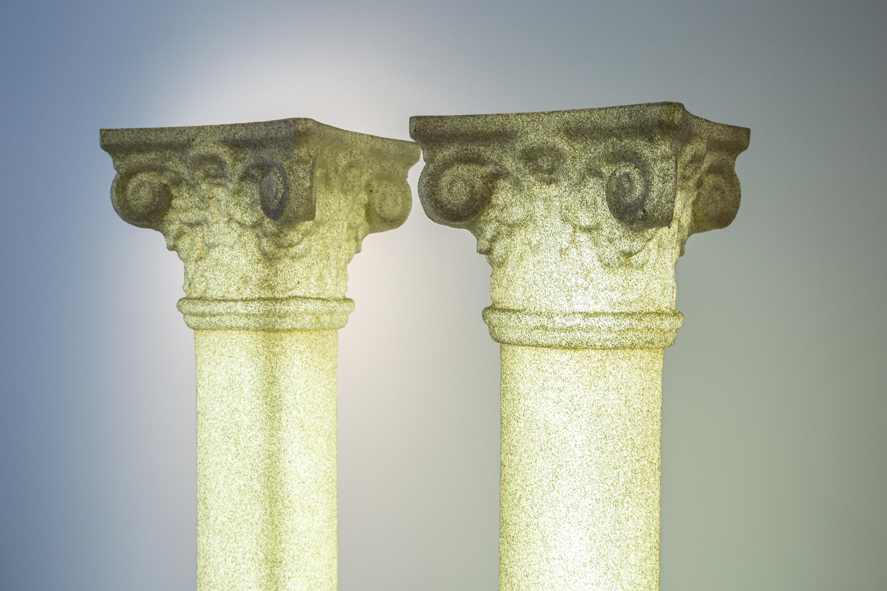 Fiberglass Pair of Neoclassical Column Lights by André Cazenave, Production Singleton 1970s