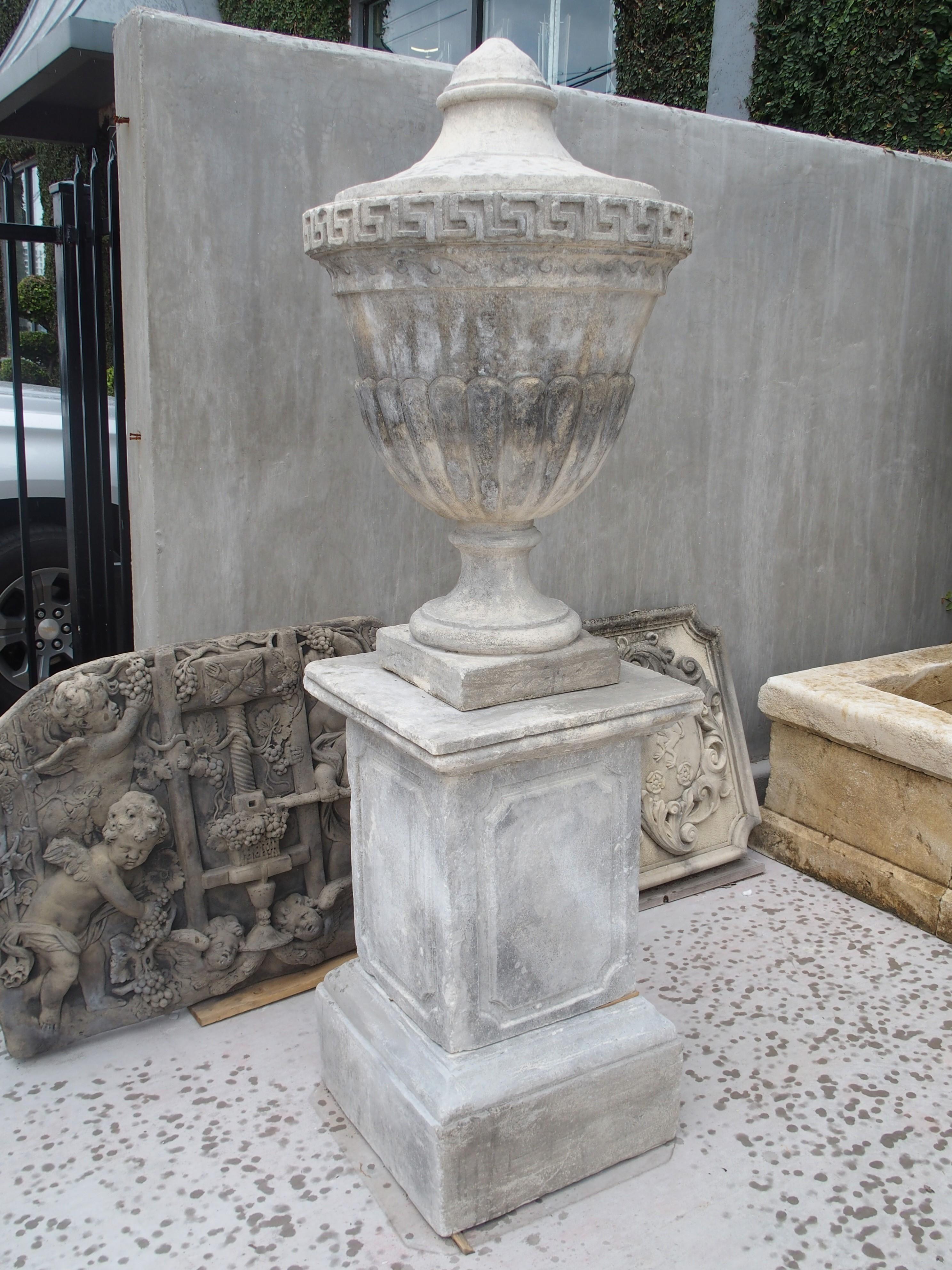 Pair of Neoclassical Composition Limestone Urns on Pedestals, Southern Italy 6
