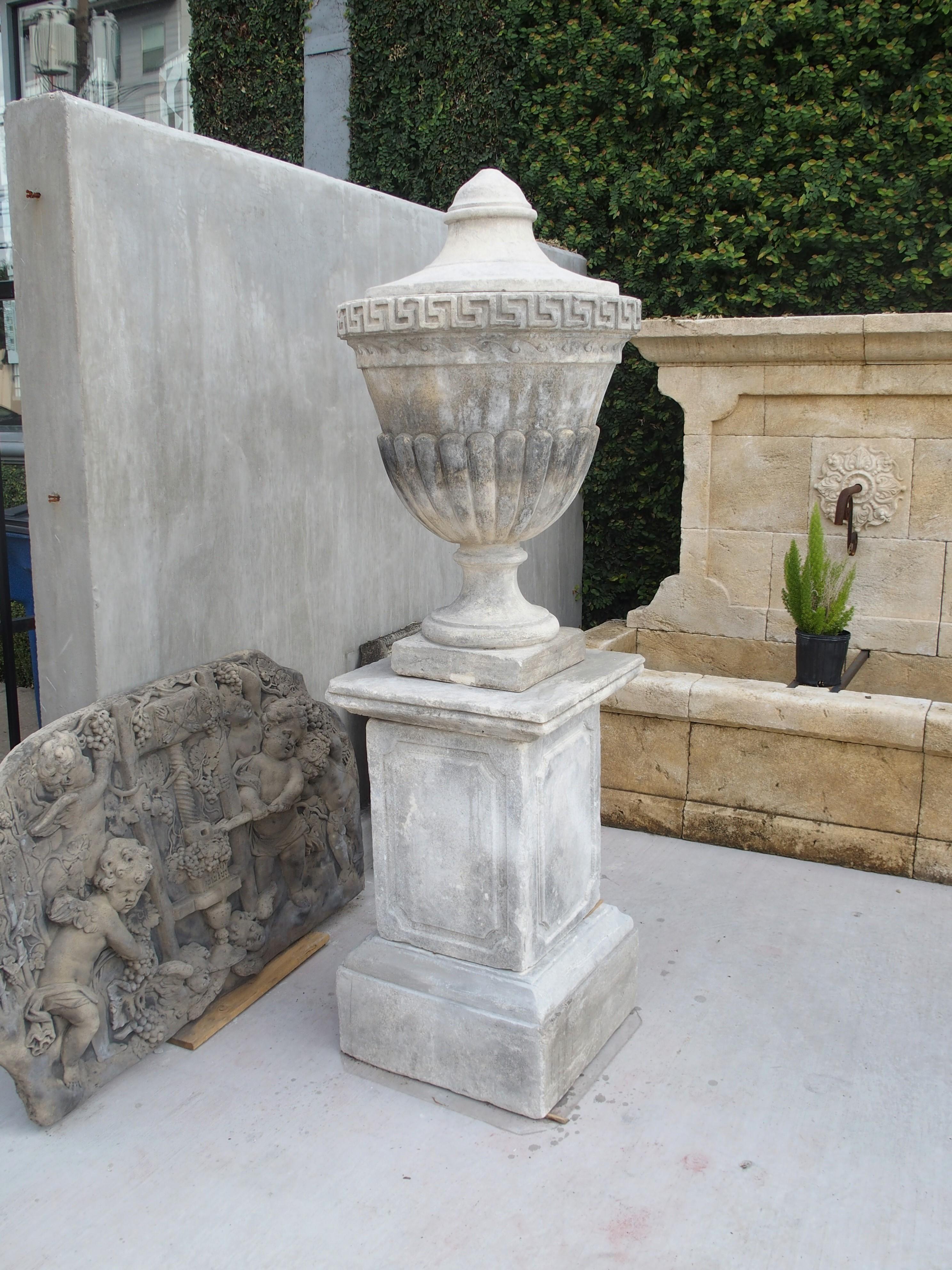 Pair of Neoclassical Composition Limestone Urns on Pedestals, Southern Italy 1
