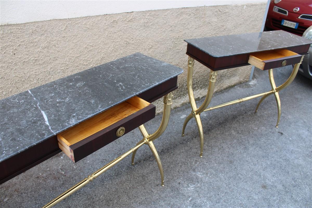 Pair of Neoclassical Console Tables in Mahogany Brass Mid-Century Italian Buffa 1