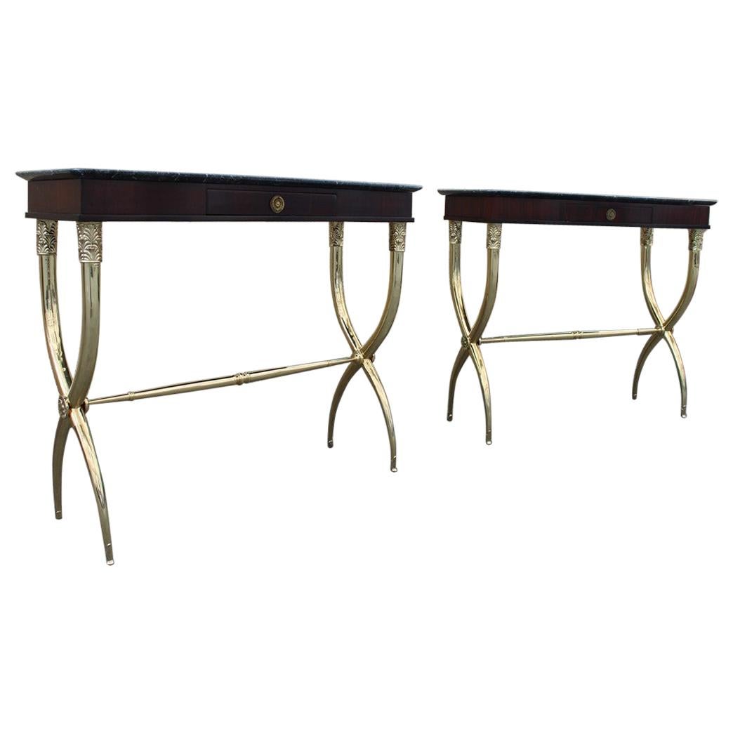 Pair of Neoclassical Console Tables in Mahogany Brass Mid-Century Italian Buffa