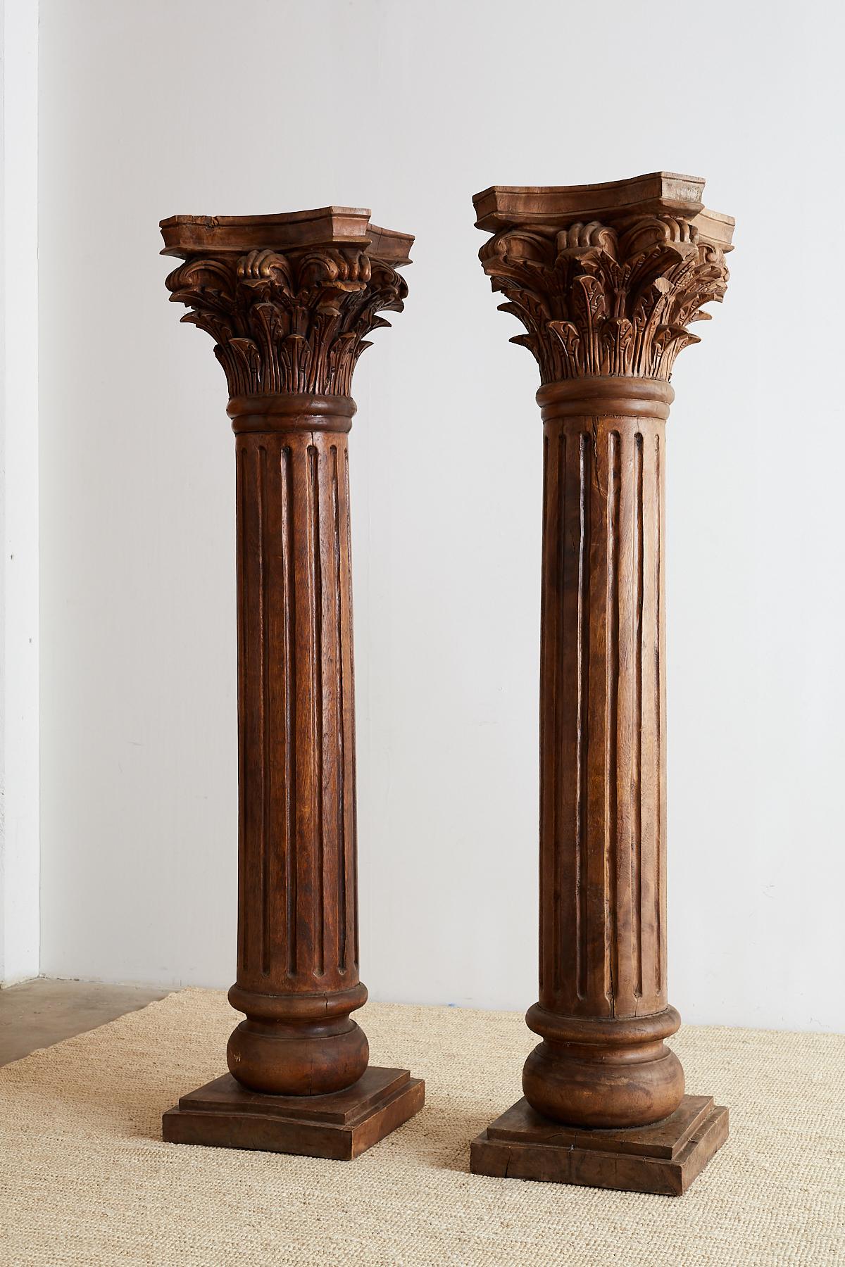 Pair of Neoclassical Corinthian Style Solid Teak Columns 6