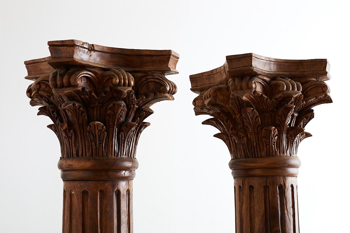 Greco Roman Pair of Neoclassical Corinthian Style Solid Teak Columns