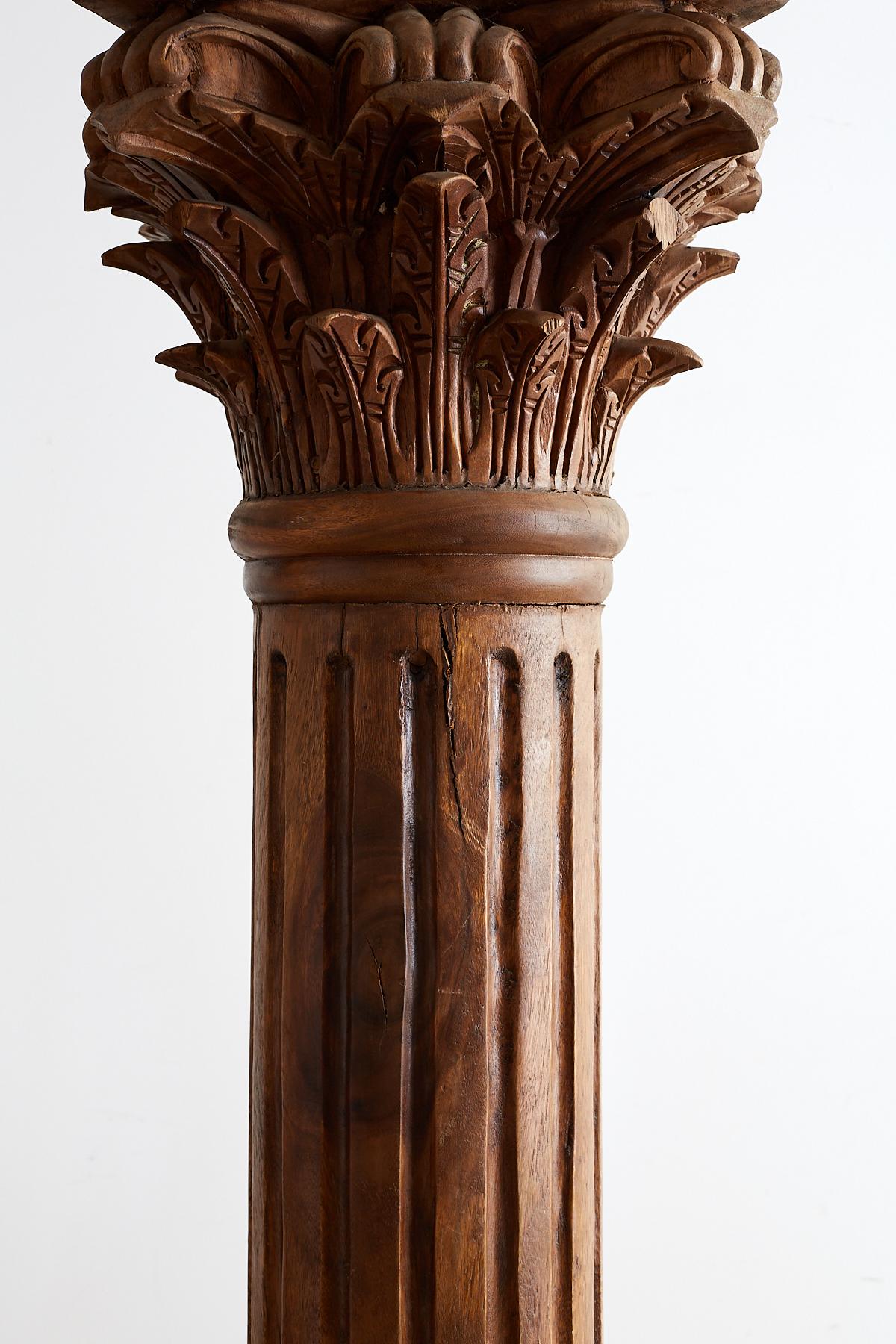 Hand-Carved Pair of Neoclassical Corinthian Style Solid Teak Columns