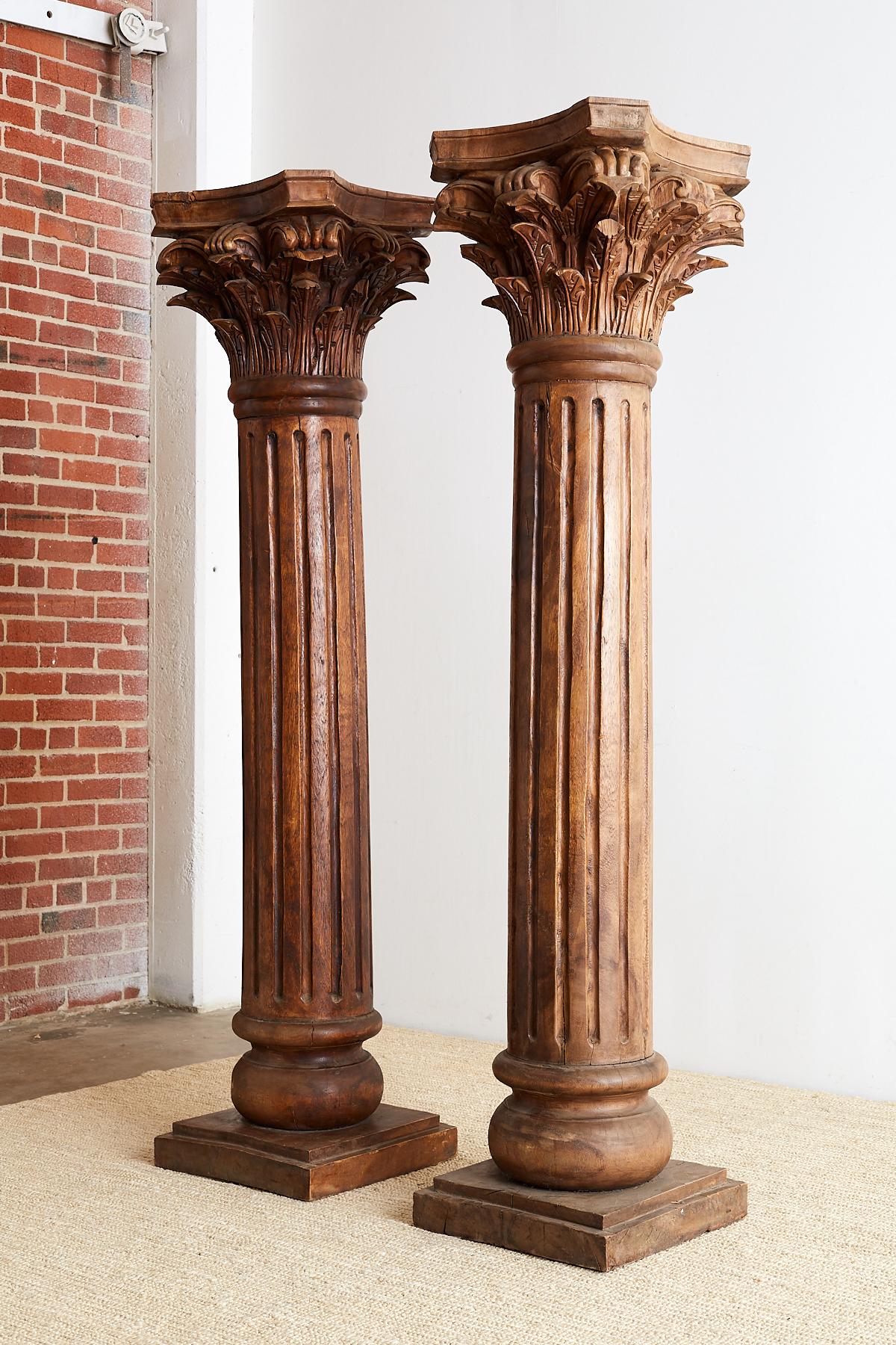 20th Century Pair of Neoclassical Corinthian Style Solid Teak Columns