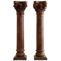 Pair of Neoclassical Corinthian Style Solid Teak Columns