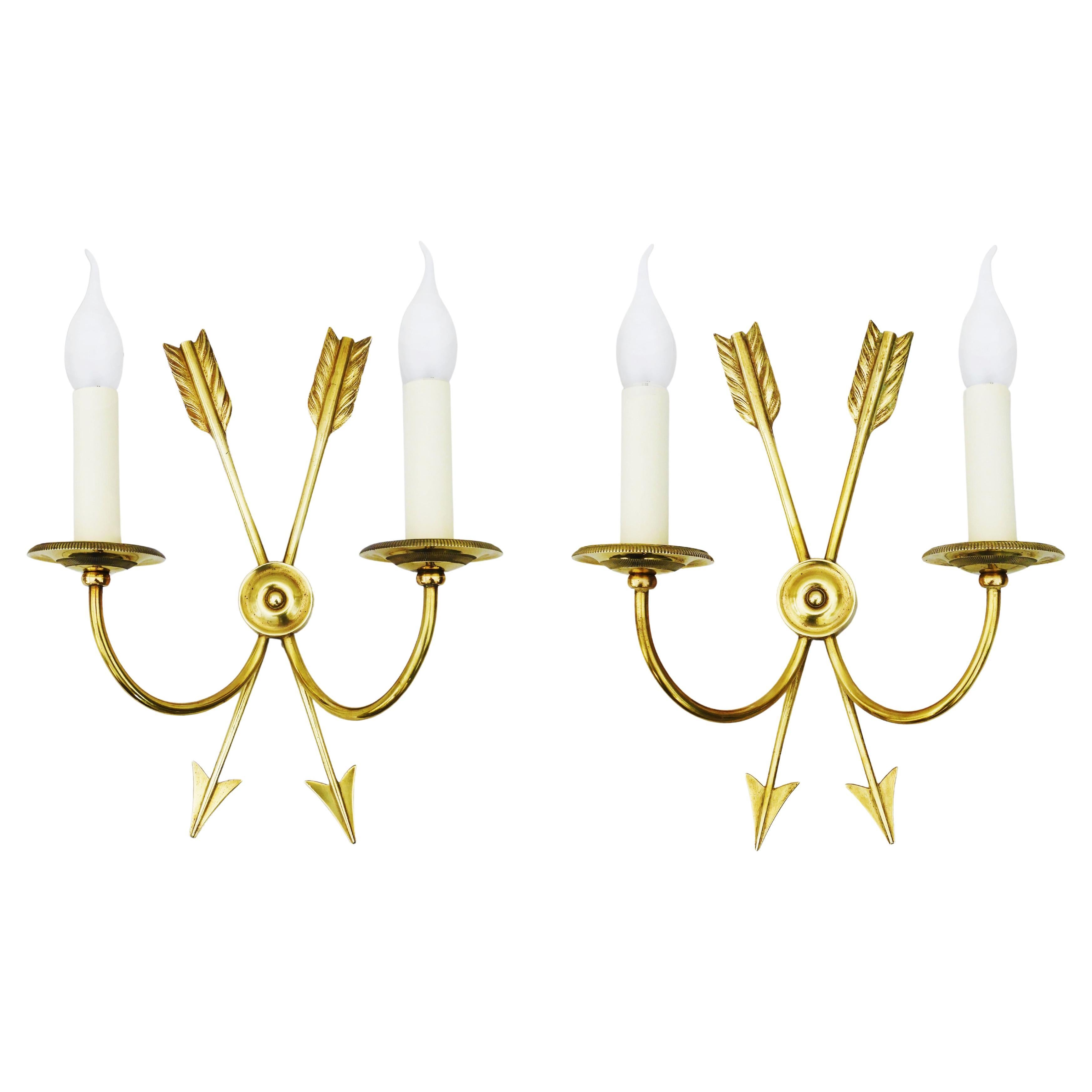Pair of Neoclassical Crossed Arrow Wall Light Sconces Mid Century France c1960