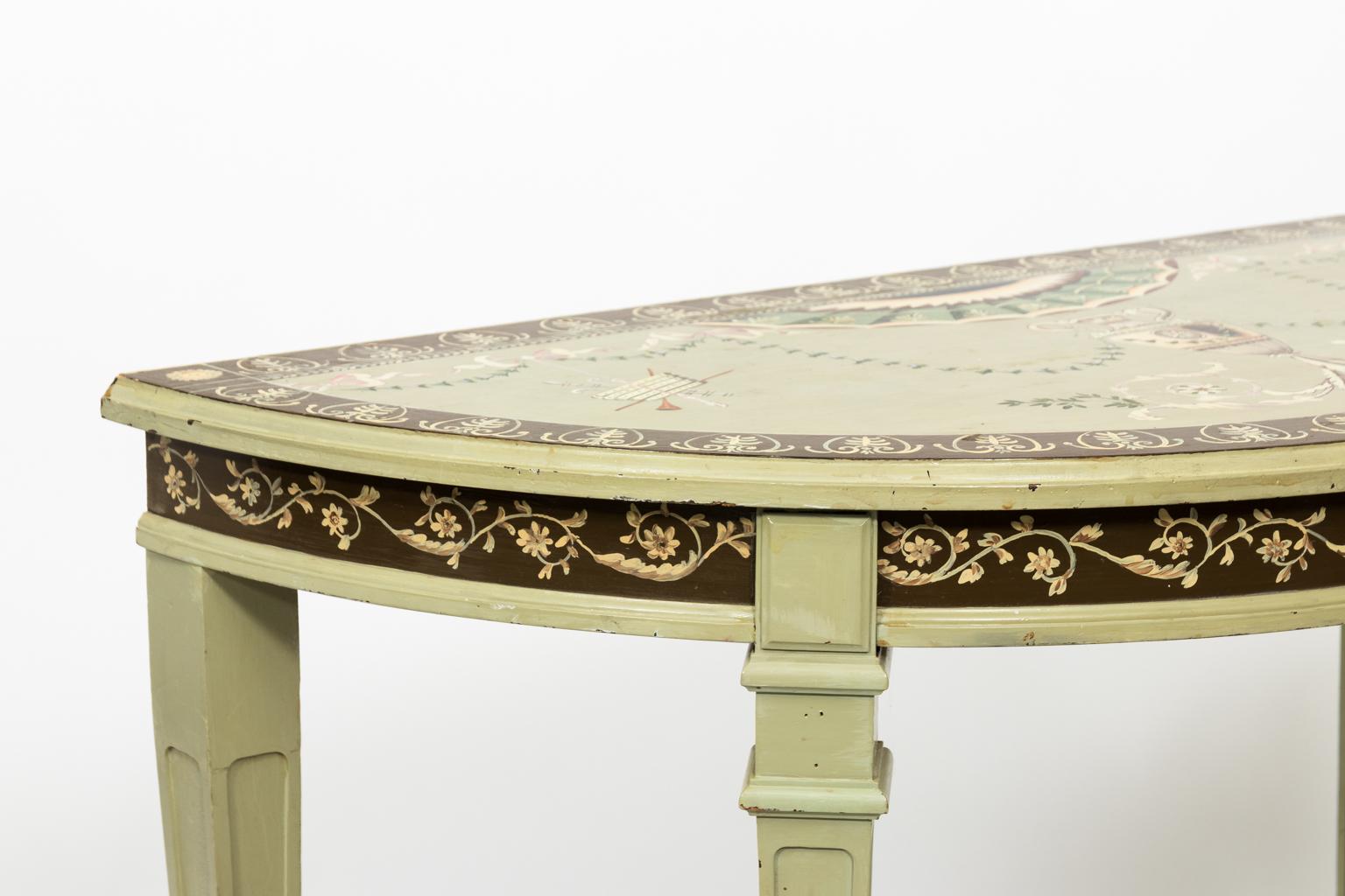 Painted Neoclassical Demilune Consoles, circa 1930s For Sale