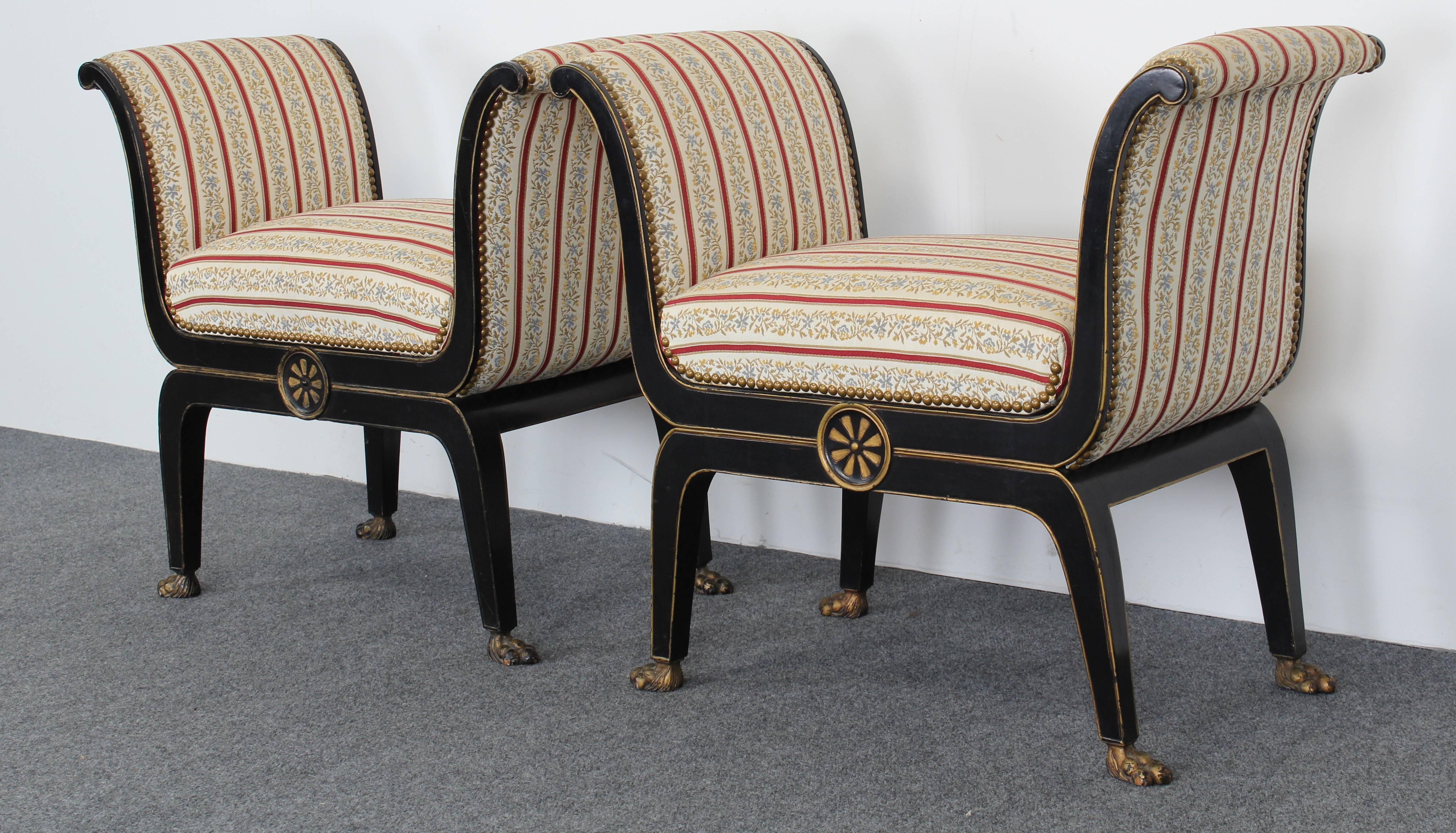 French Pair of Neoclassical Directoire Ebony and Gilt Benches, 1920s