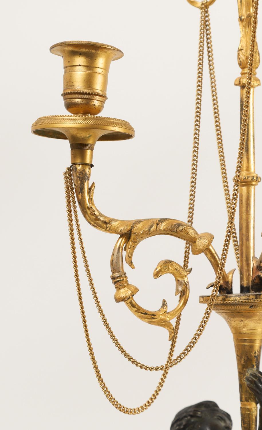 Painted Pair of Neoclassical Directoire Gilt and Patinated Bronze Figural Candelabras For Sale