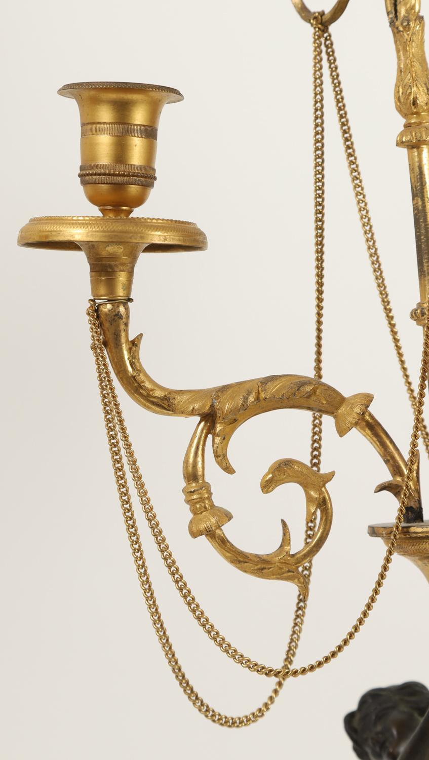Pair of Neoclassical Directoire Gilt and Patinated Bronze Figural Candelabras For Sale 3