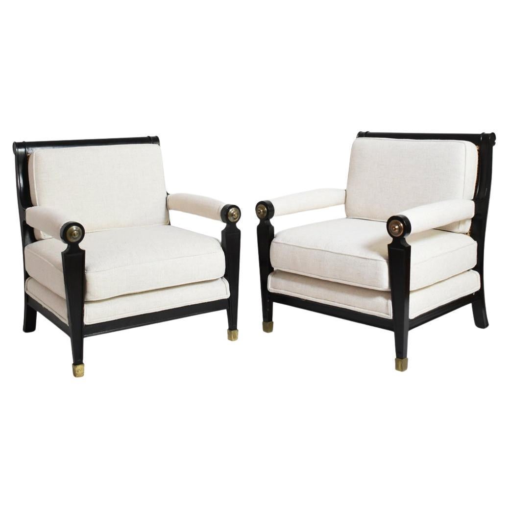 Pair of neoclassical ebonised wood and caning armchairs, 1960s For Sale