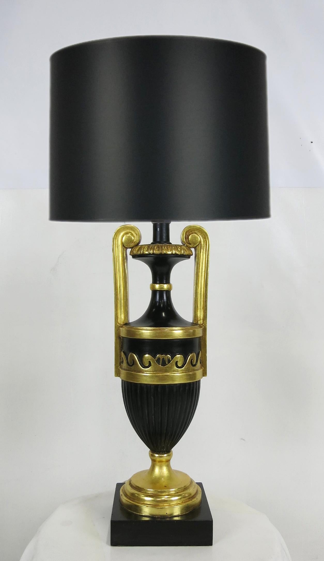 Neoclassical Revival Pair of Neoclassical Ebony and Giltwood Table Lamps by Marbro