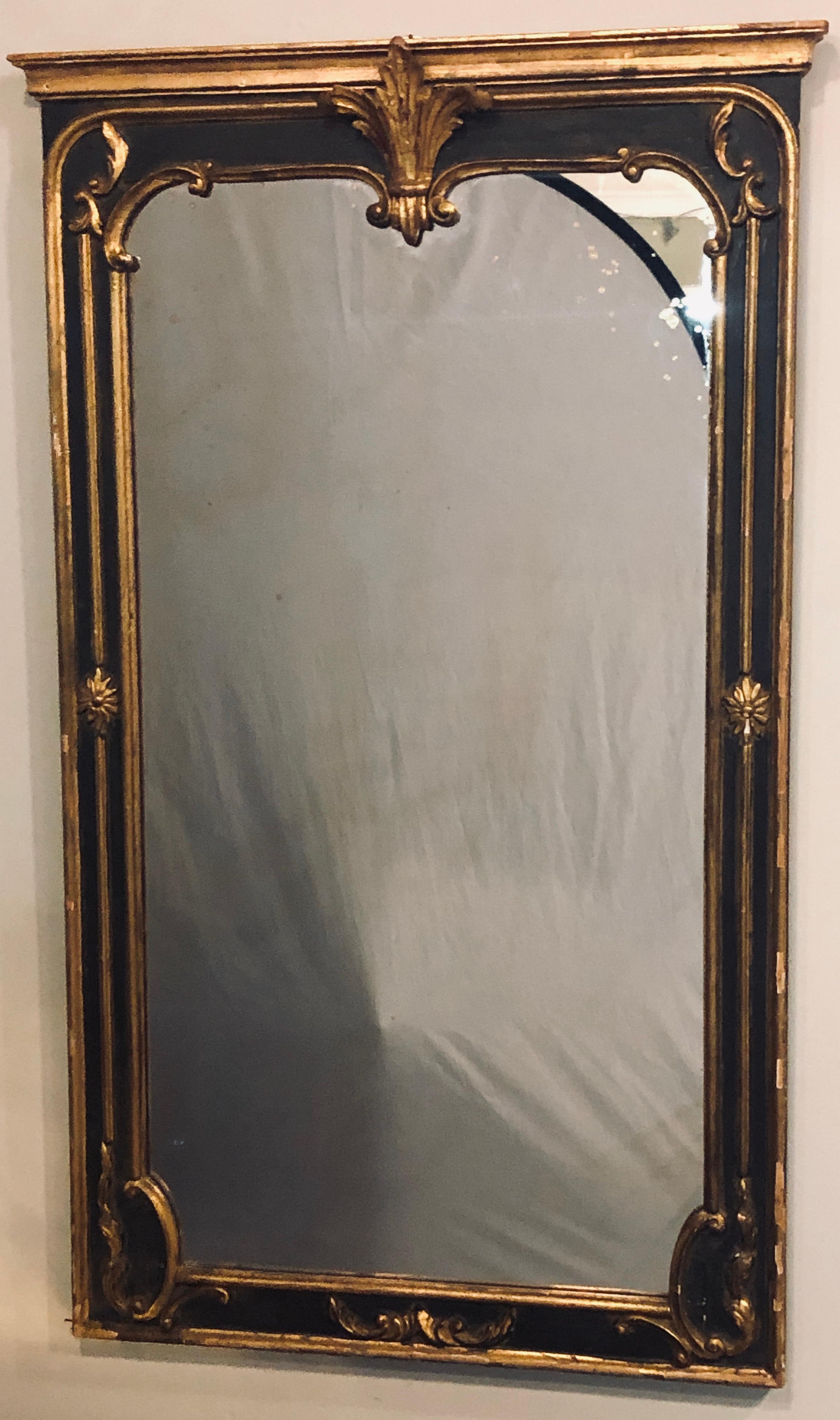 Hollywood Regency Pair of Neoclassical Ebony and Gilt Decorated / Wall / Pier or Console Mirrors