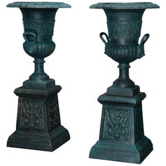 Pair of Neoclassical Figural Cast Iron Garden Urns, 20th Century