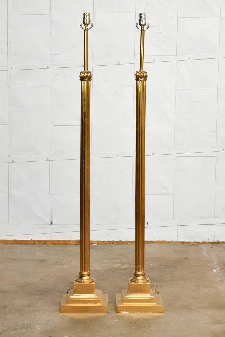 American Pair of Neoclassical Fluted Brass Column Floor Lamps