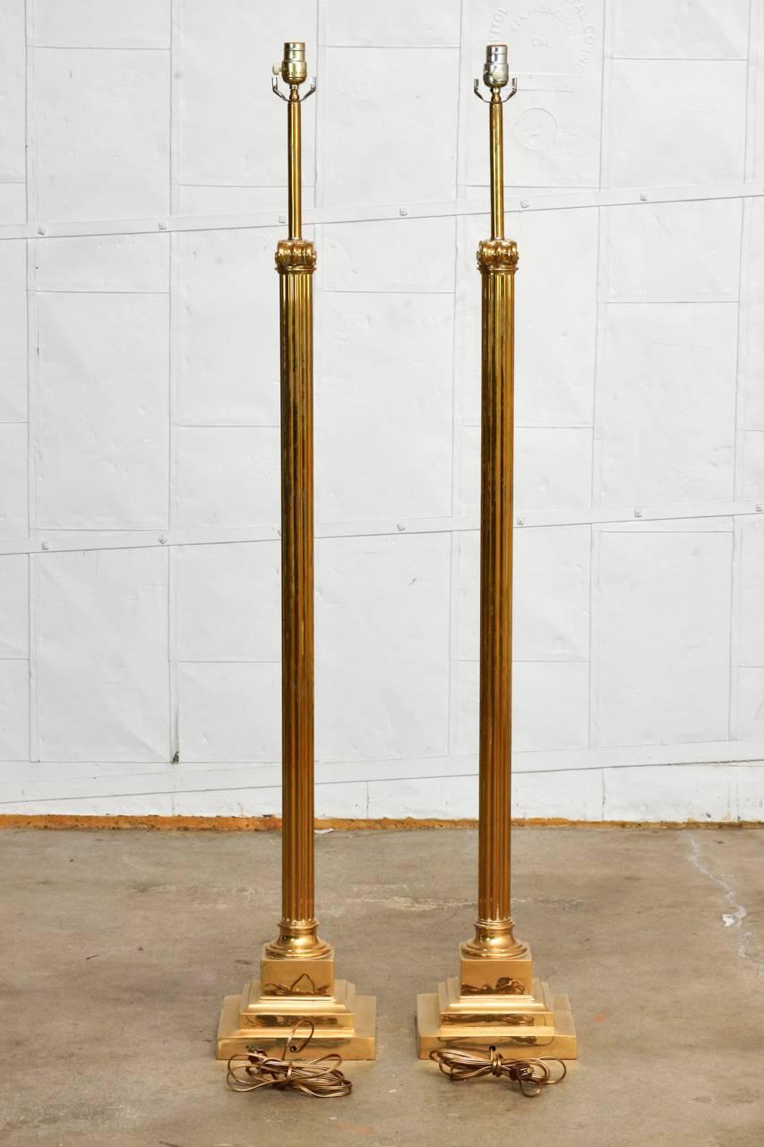 Pair of Neoclassical Fluted Brass Column Floor Lamps In Good Condition In Rio Vista, CA