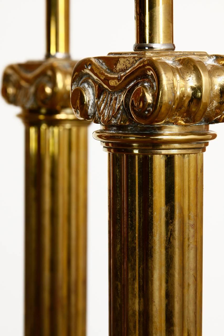 20th Century Pair of Neoclassical Fluted Brass Column Floor Lamps