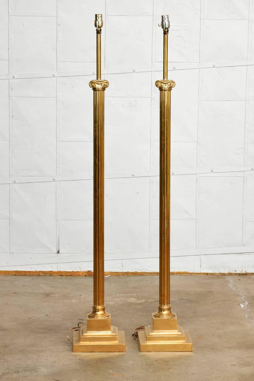 Pair of Neoclassical Fluted Brass Column Floor Lamps 1