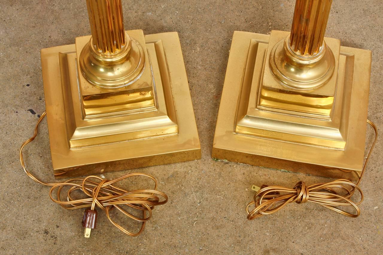 Pair of Neoclassical Fluted Brass Column Floor Lamps 3