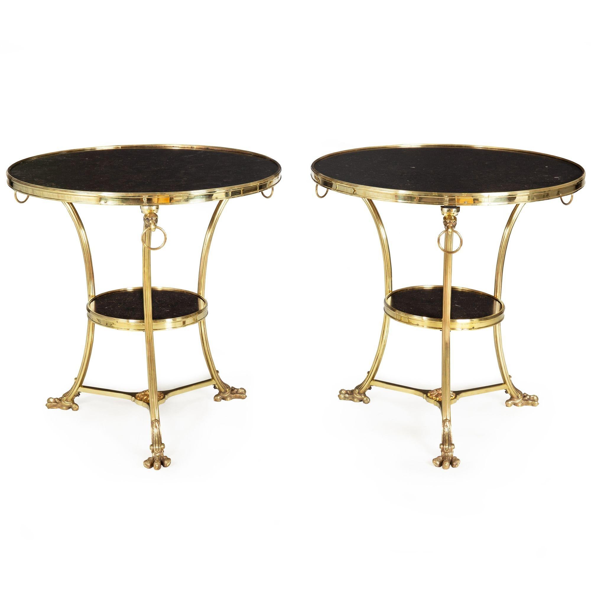 Pair of Neoclassical Fossilized Marble Brass Gueridon End Tables For Sale 14