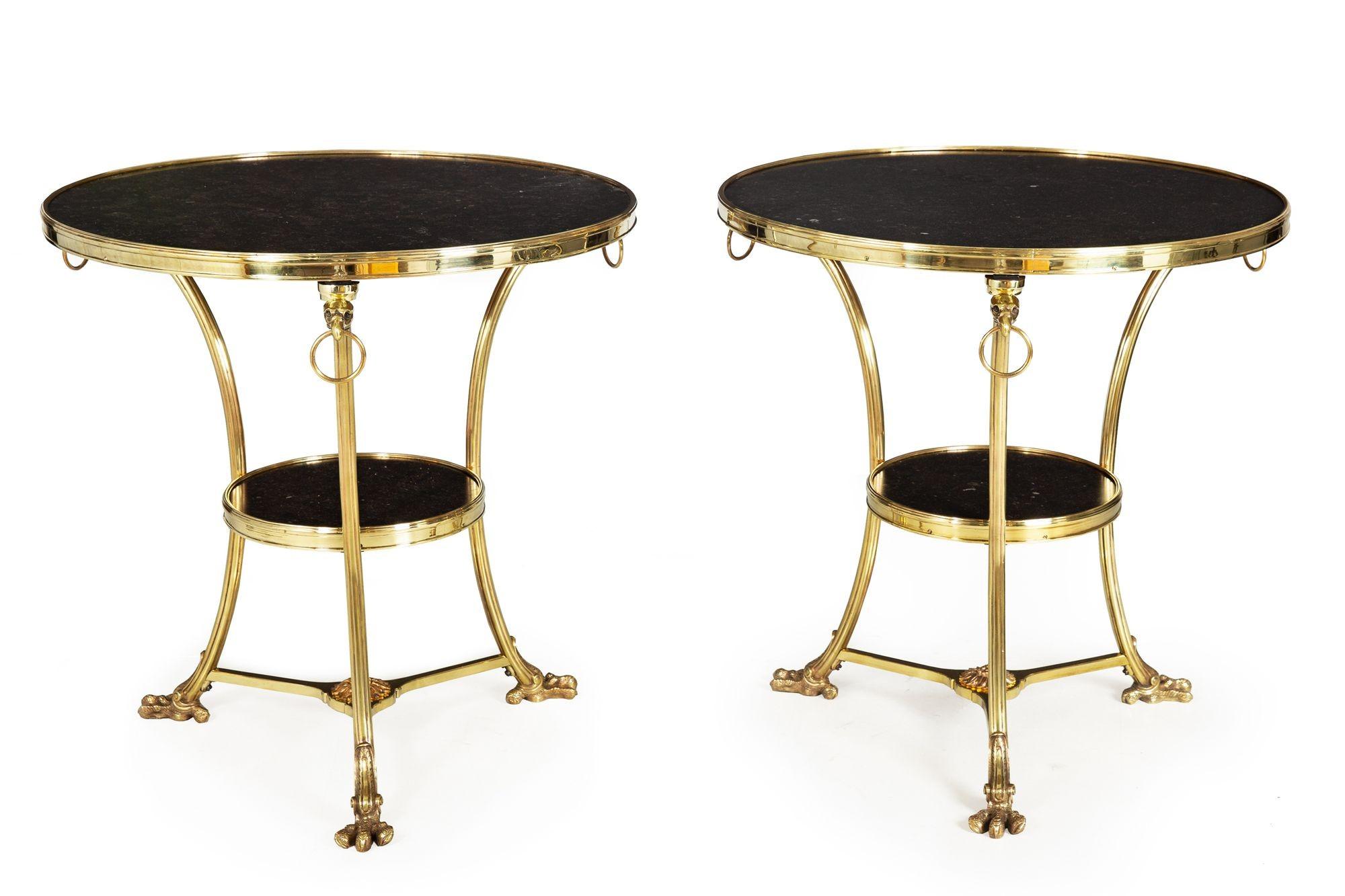French Pair of Neoclassical Fossilized Marble Brass Gueridon End Tables For Sale