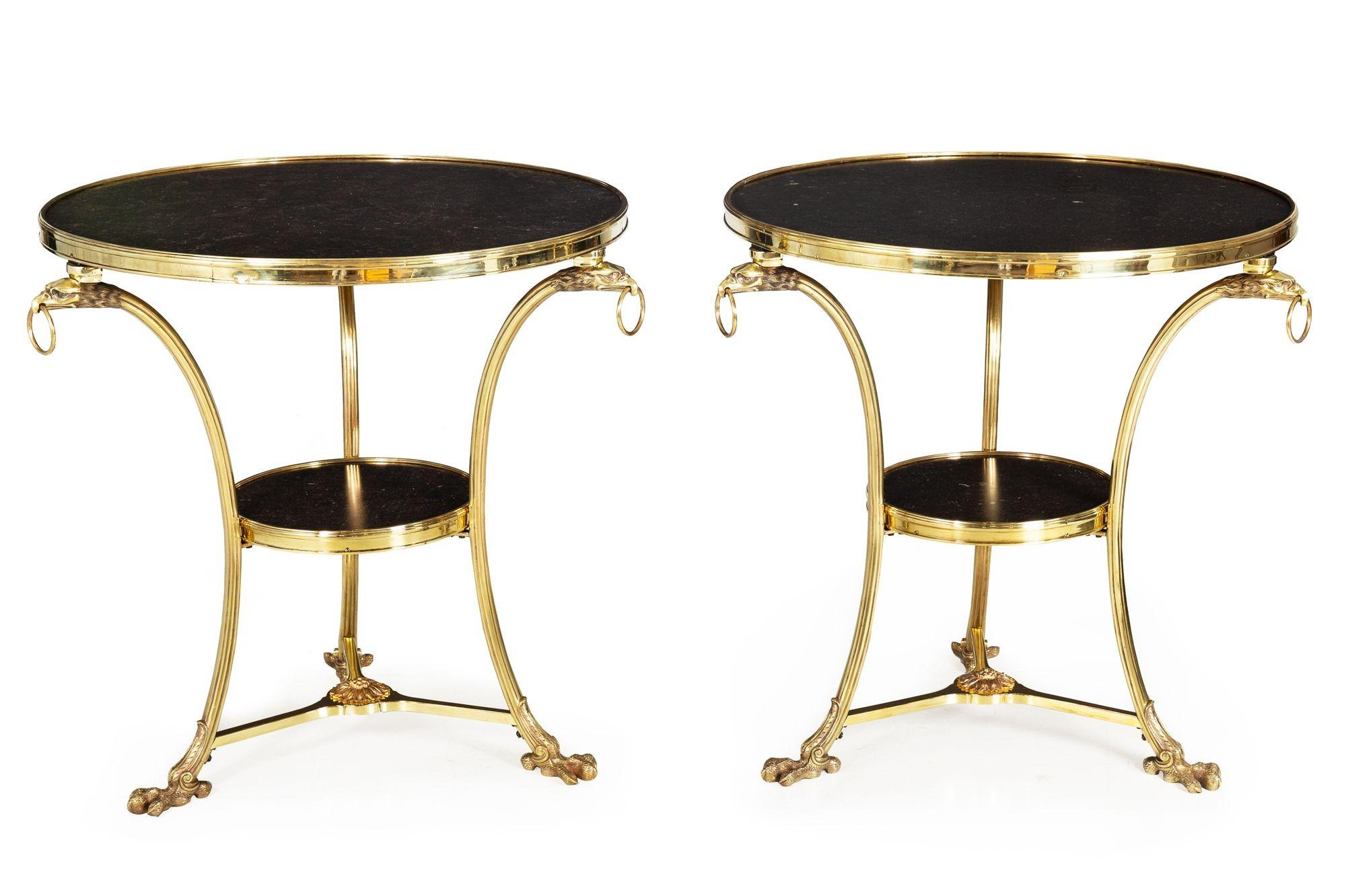 Pair of Neoclassical Fossilized Marble Brass Gueridon End Tables In Good Condition For Sale In Shippensburg, PA