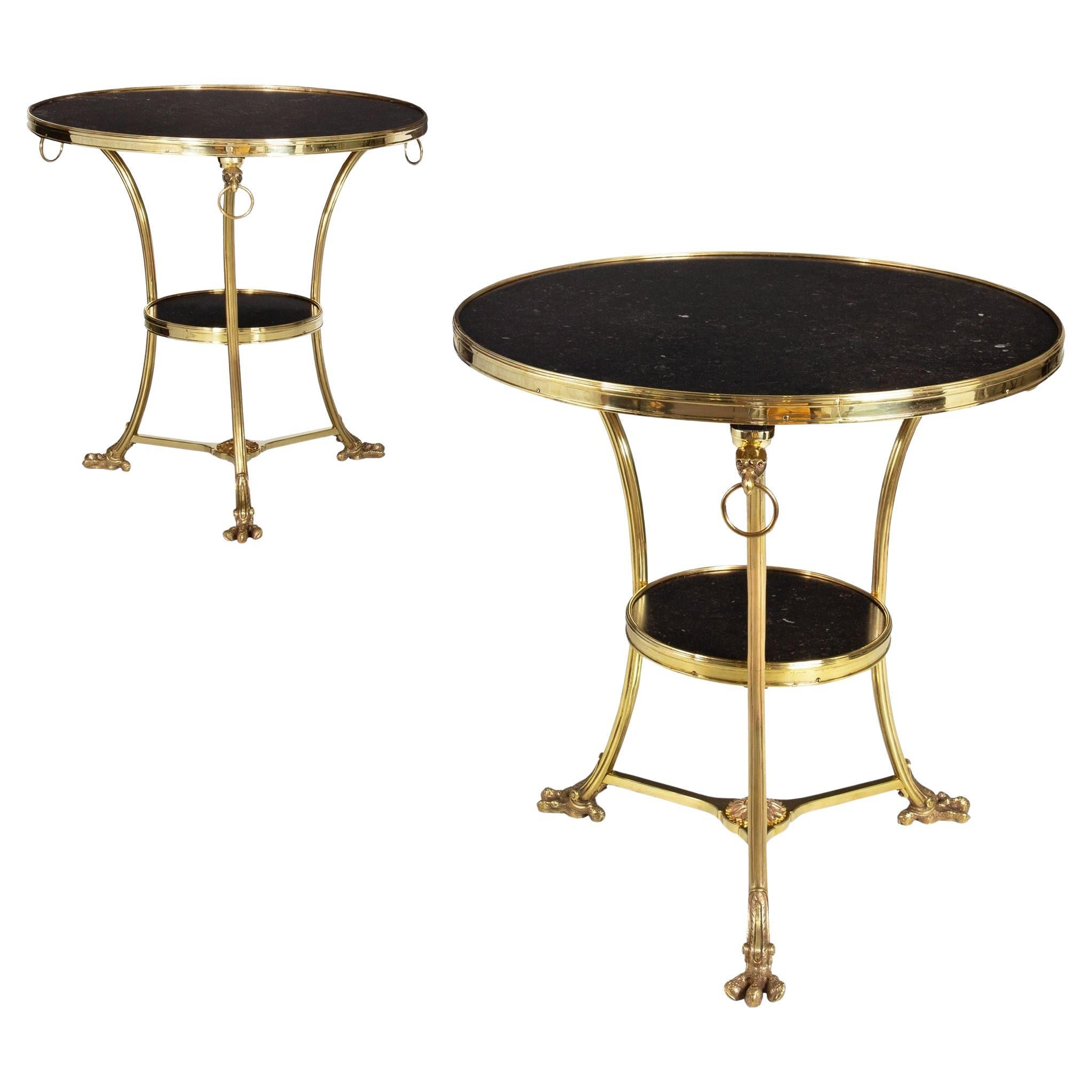 Pair of Neoclassical Fossilized Marble Brass Gueridon End Tables For Sale