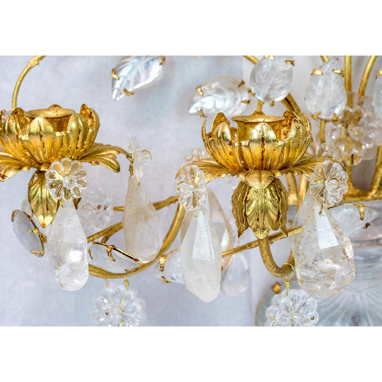 French Neoclassical Four-Light Gilt Bronze Rock Crystal Sconces Baguès Attributed, Pair