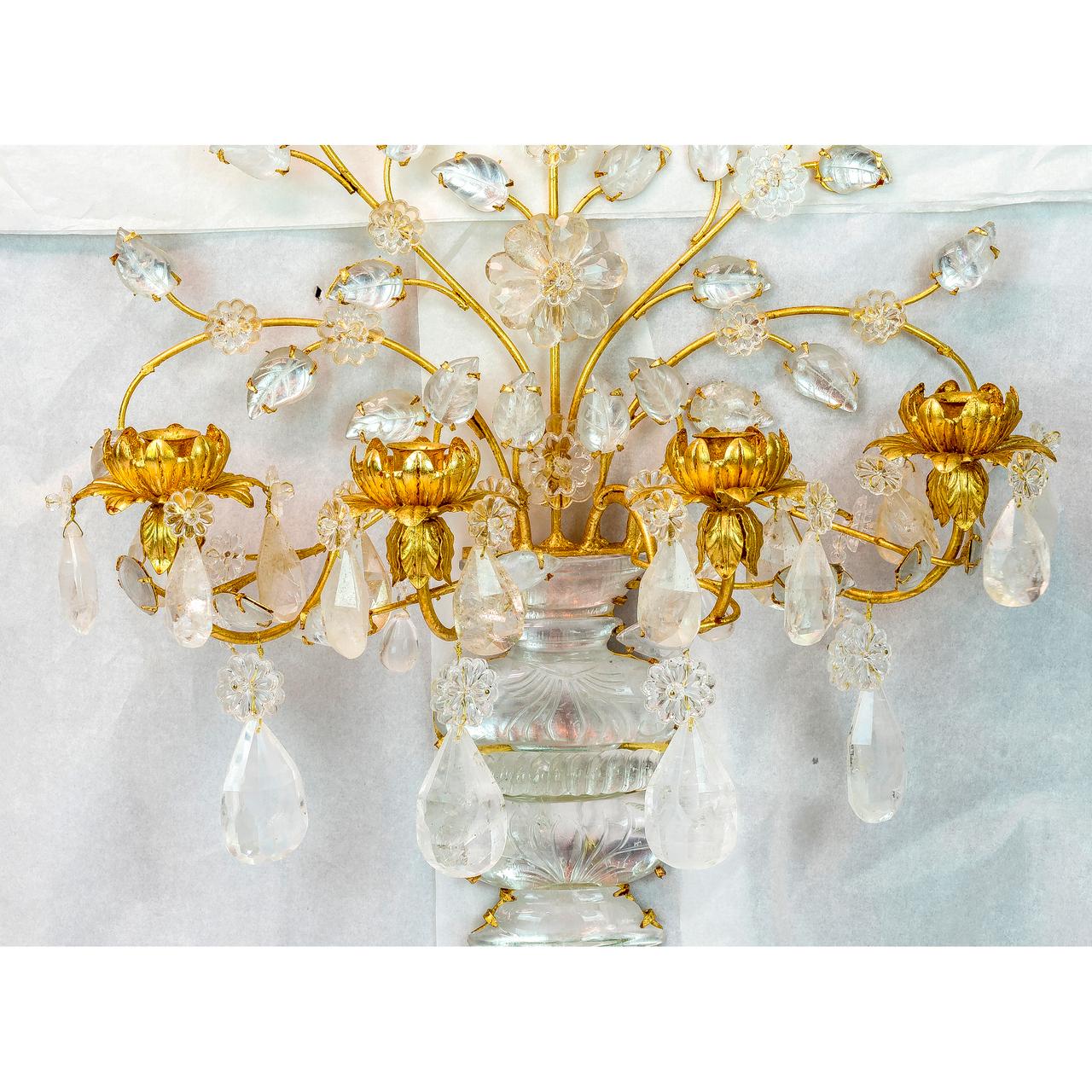 Carved Neoclassical Four-Light Gilt Bronze Rock Crystal Sconces Baguès Attributed, Pair