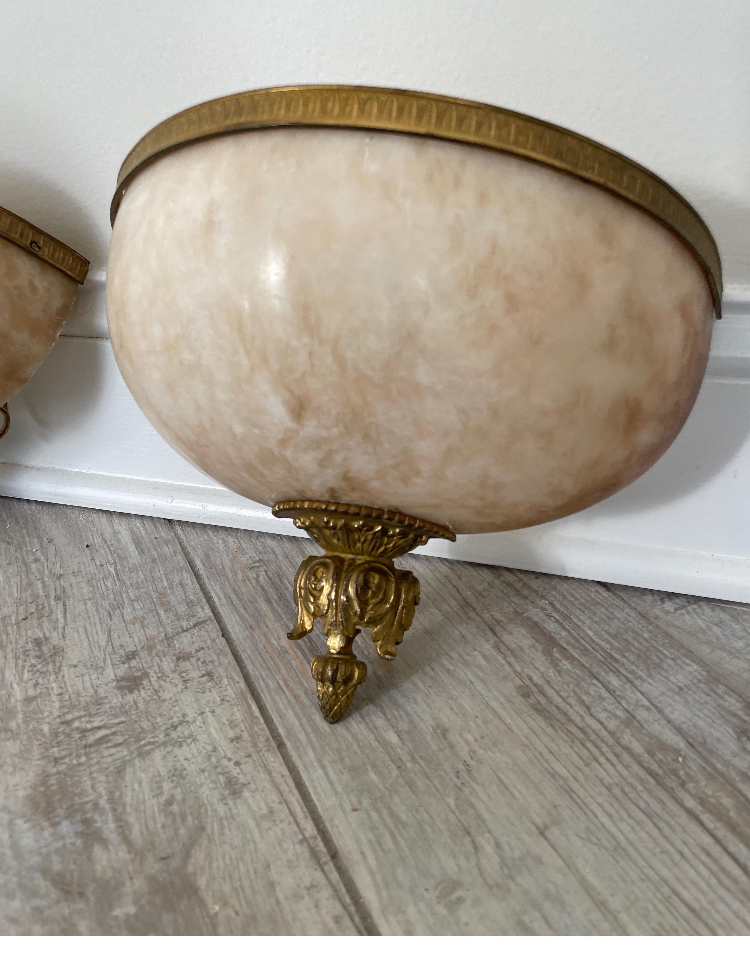Pair of Neoclassical French Alabaster & Bronze Wall Mounted Sconces In Good Condition For Sale In West Palm Beach, FL
