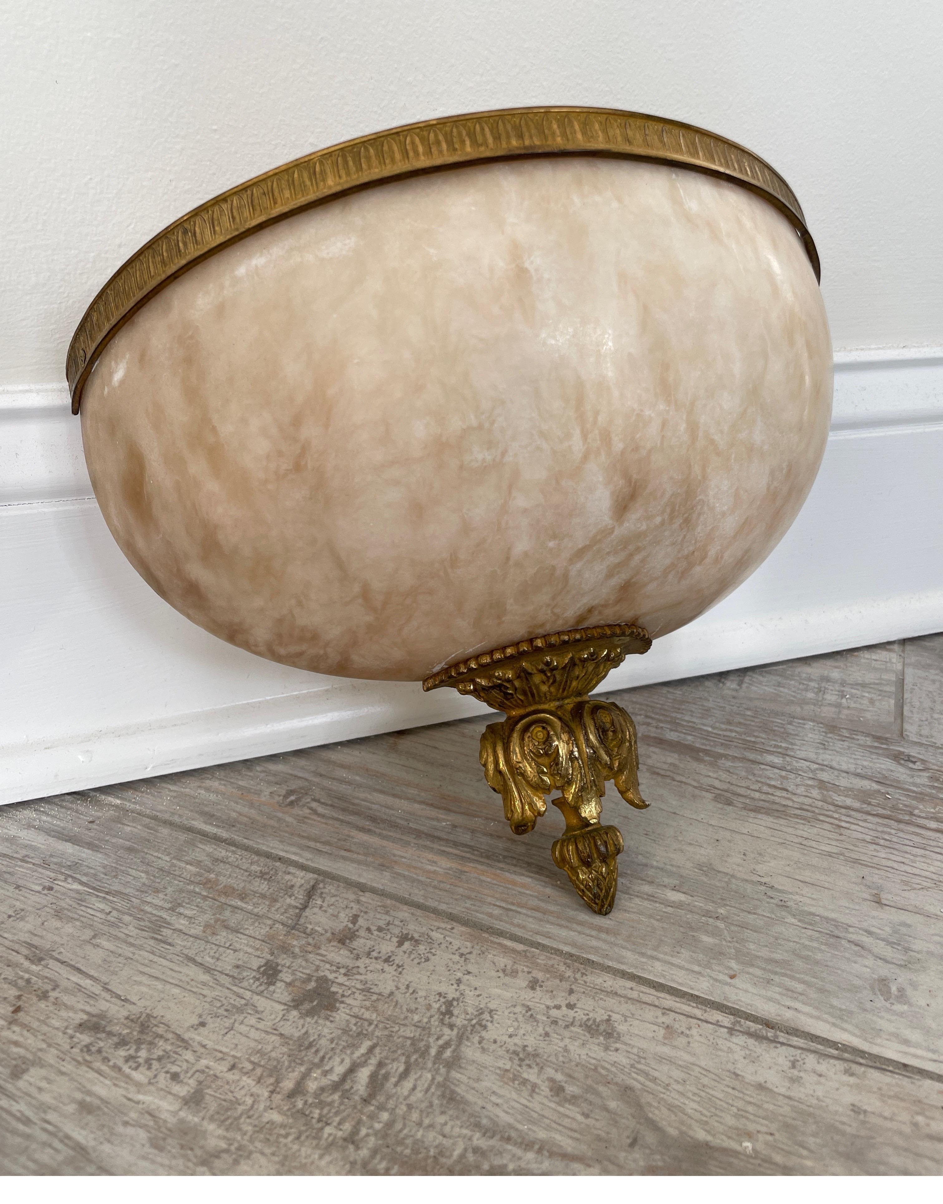 20th Century Pair of Neoclassical French Alabaster & Bronze Wall Mounted Sconces For Sale