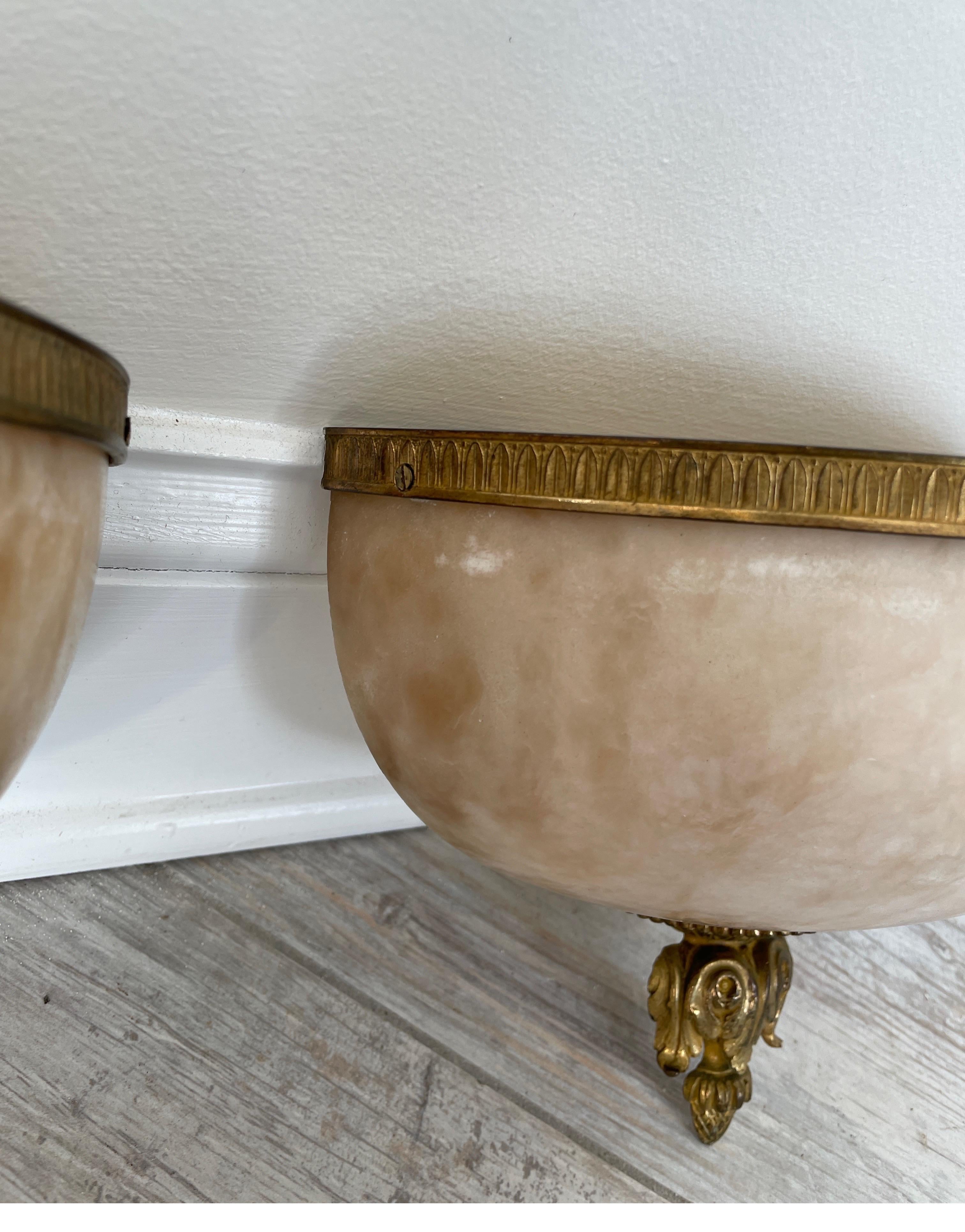 Pair of Neoclassical French Alabaster & Bronze Wall Mounted Sconces For Sale 5