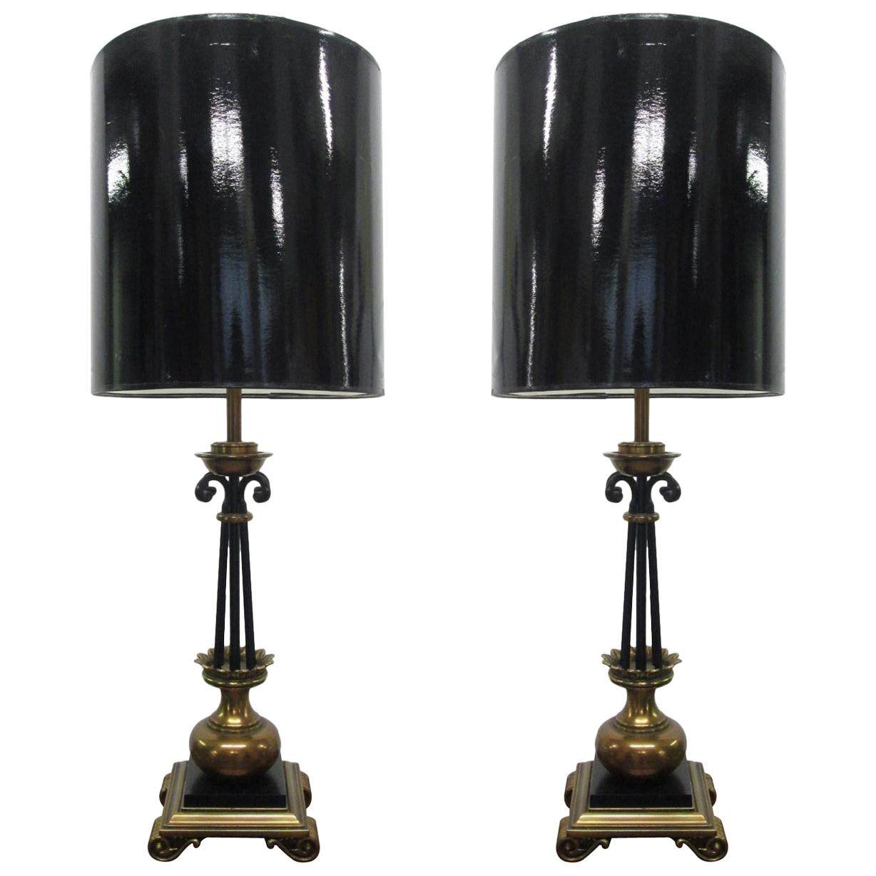 Pair of Neoclassical French Bronze and Wrought Iron Lamps